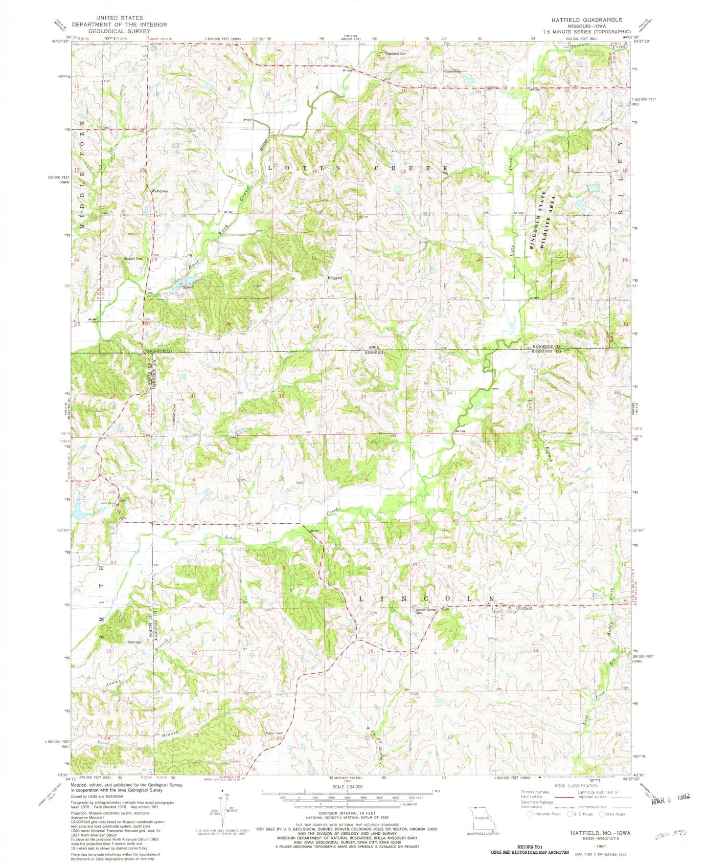 Classic USGS Hatfield Missouri 7.5'x7.5' Topo Map Image