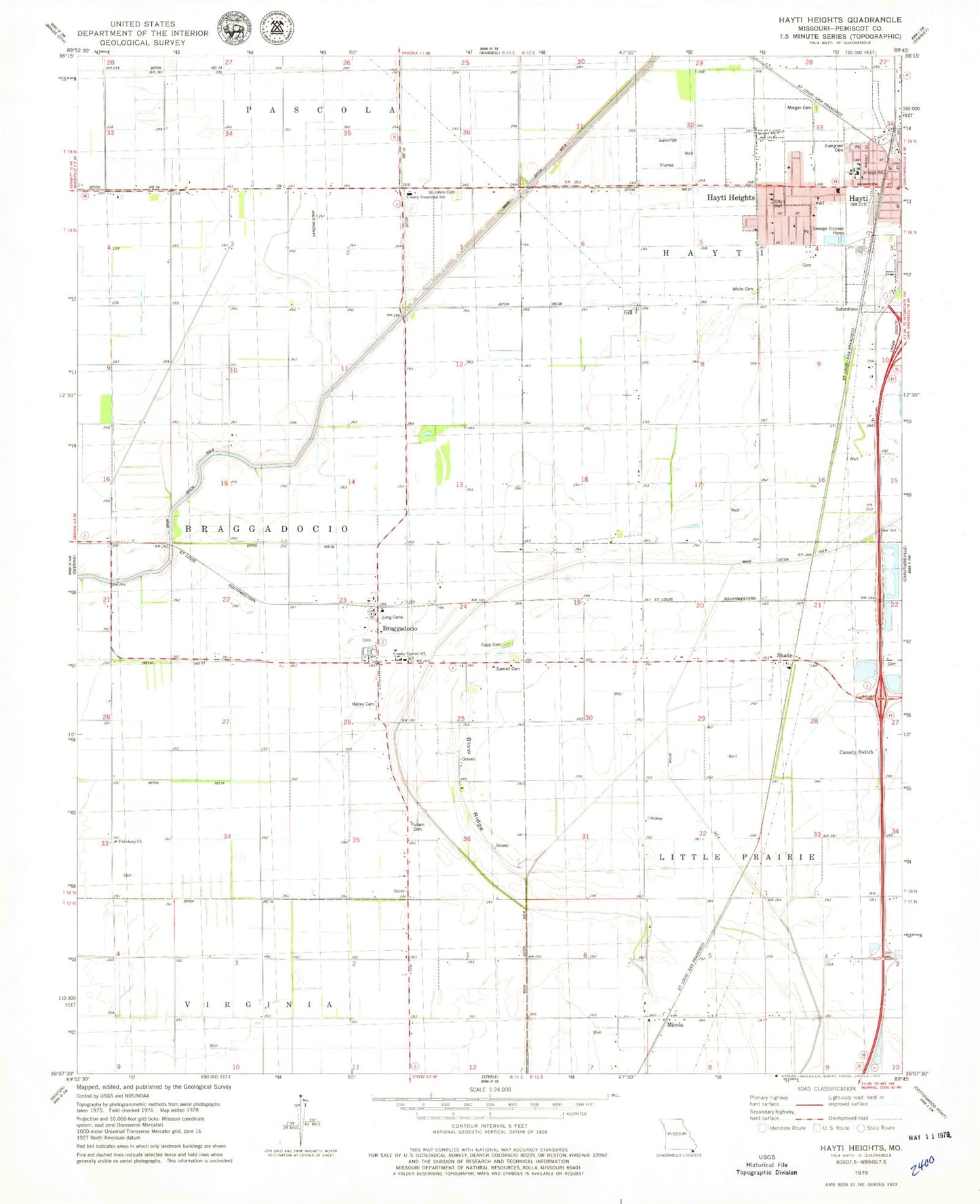 Classic USGS Hayti Heights Missouri 7.5'x7.5' Topo Map Image