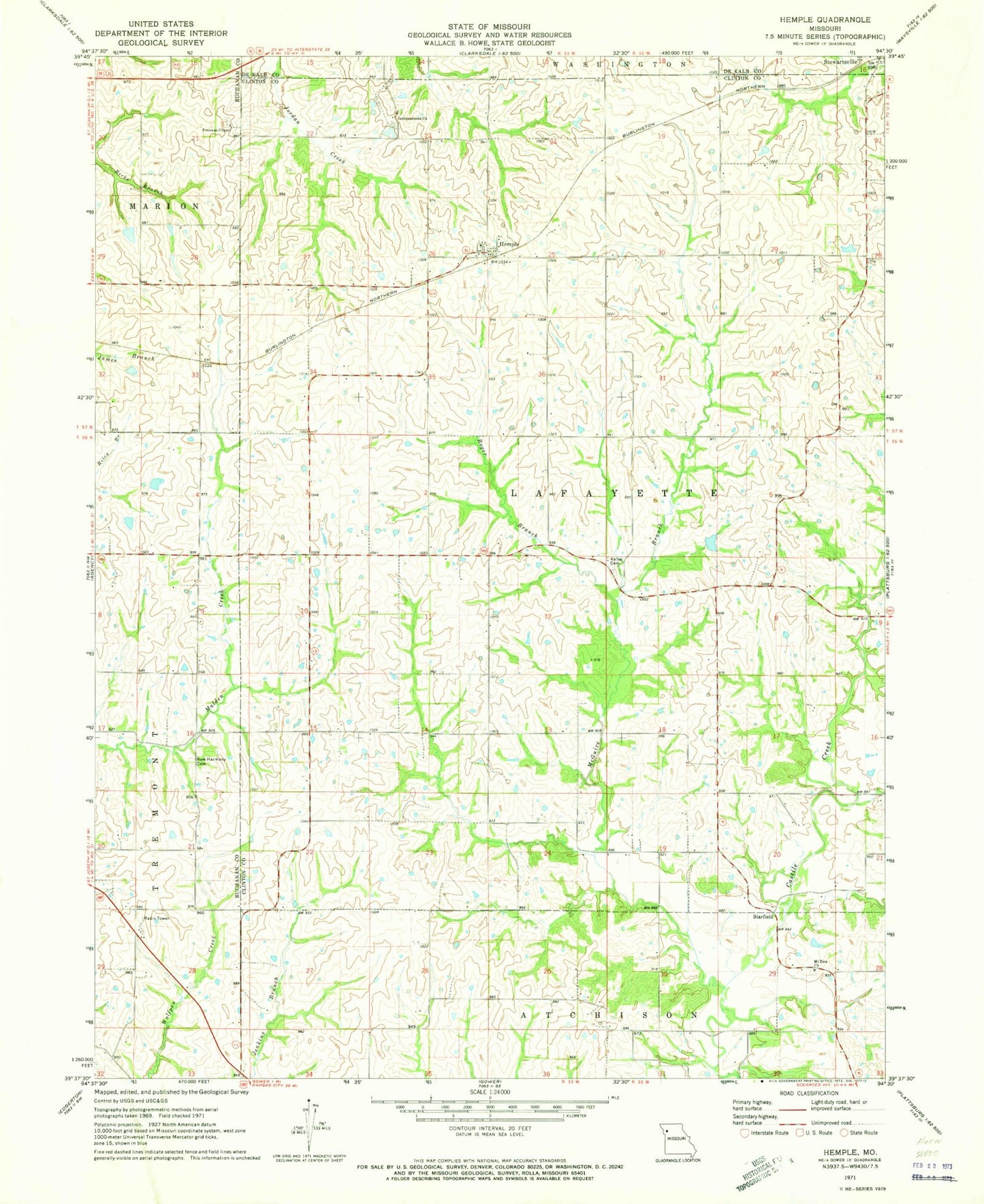 Classic USGS Hemple Missouri 7.5'x7.5' Topo Map Image