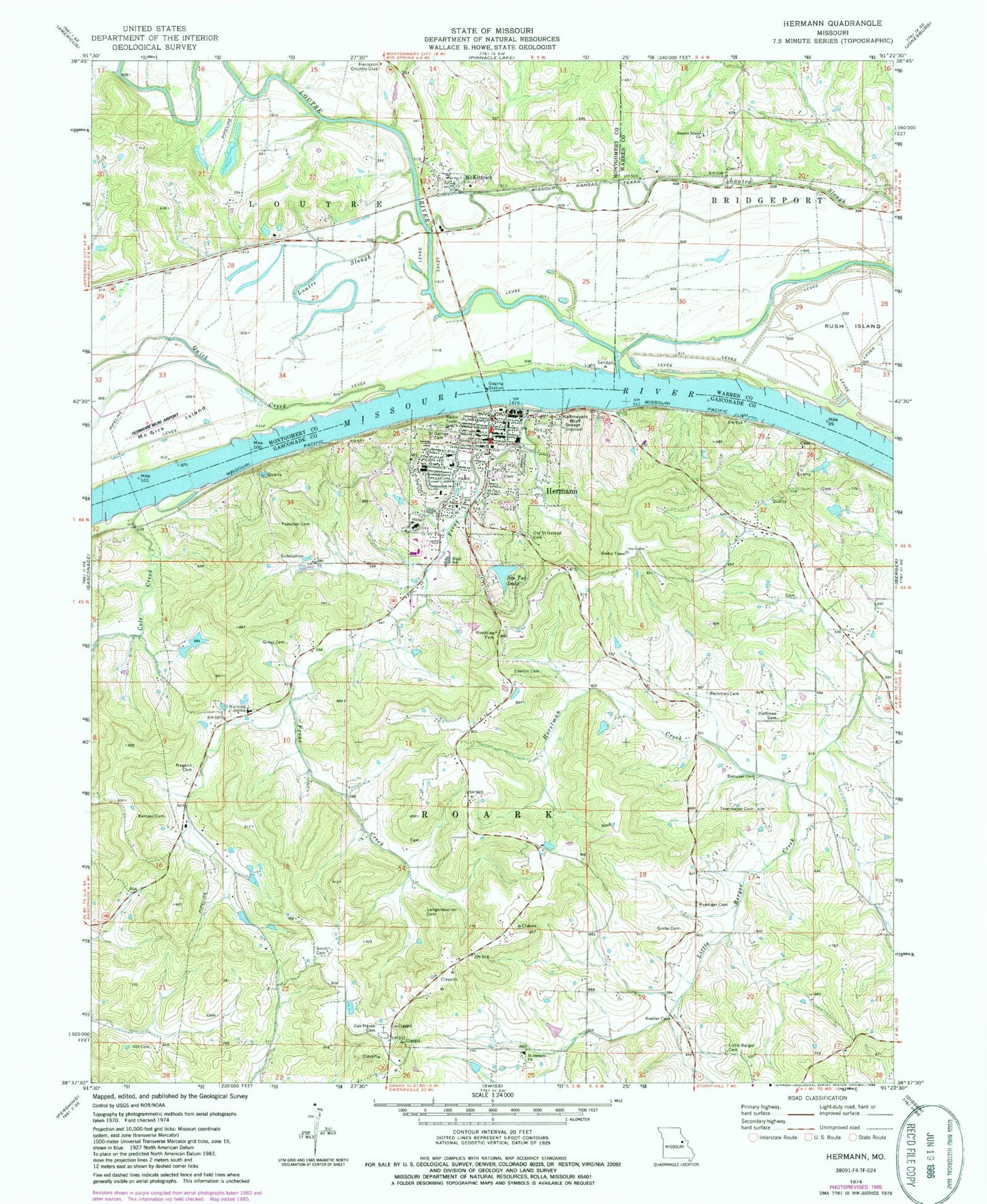 Classic USGS Hermann Missouri 7.5'x7.5' Topo Map Image