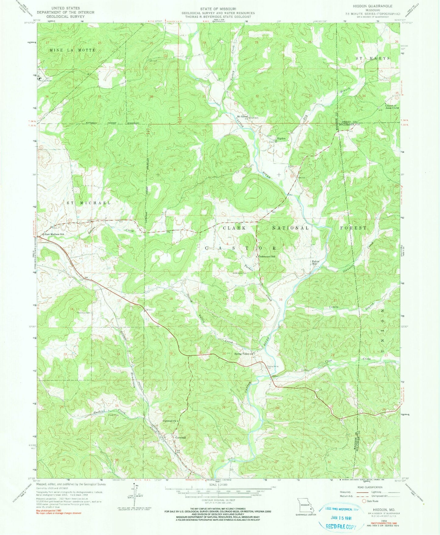 Classic USGS Higdon Missouri 7.5'x7.5' Topo Map Image