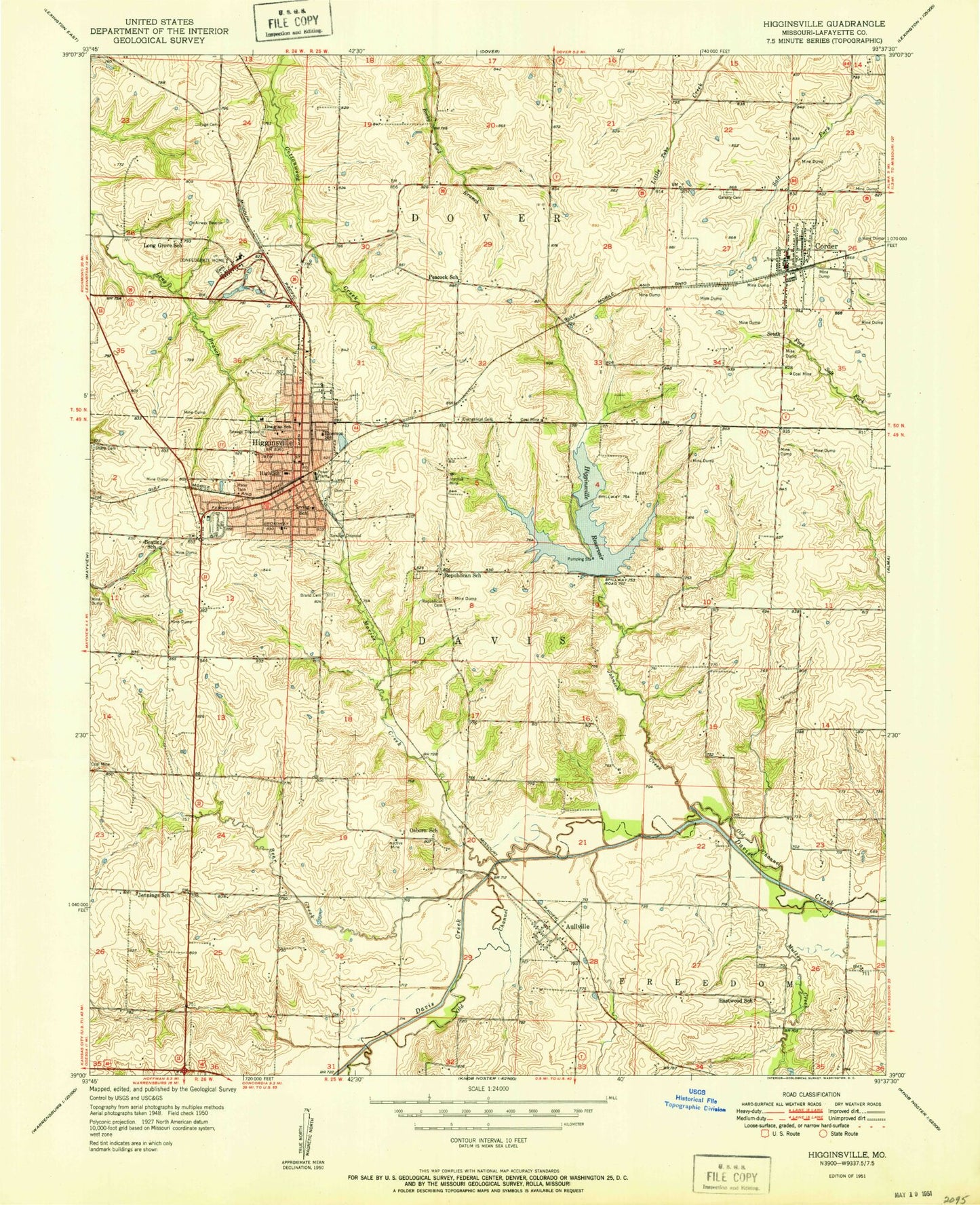 Classic USGS Higginsville Missouri 7.5'x7.5' Topo Map Image