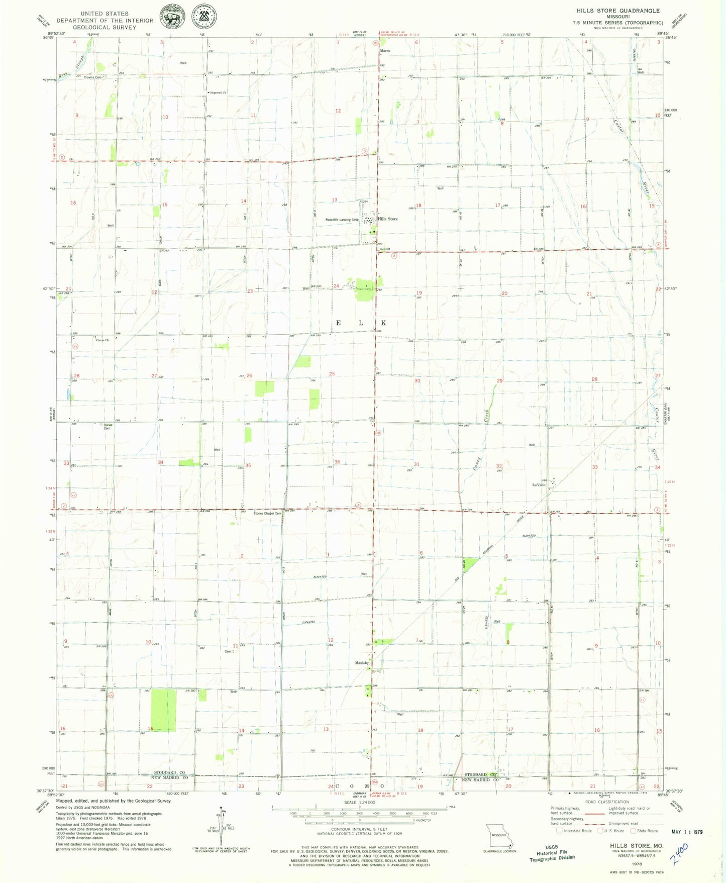 Classic USGS Hills Store Missouri 7.5'x7.5' Topo Map Image