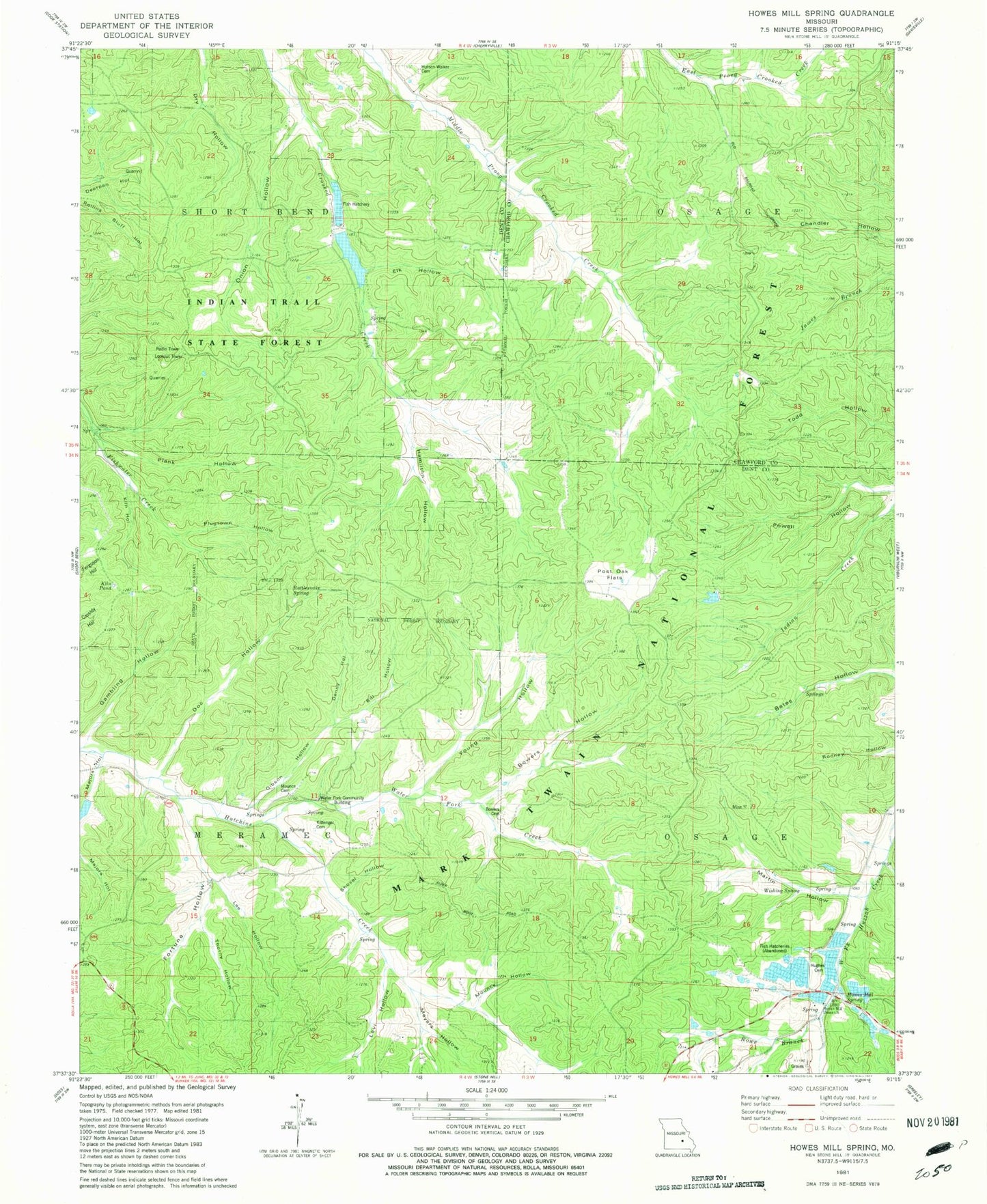 Classic USGS Howes Mill Spring Missouri 7.5'x7.5' Topo Map Image