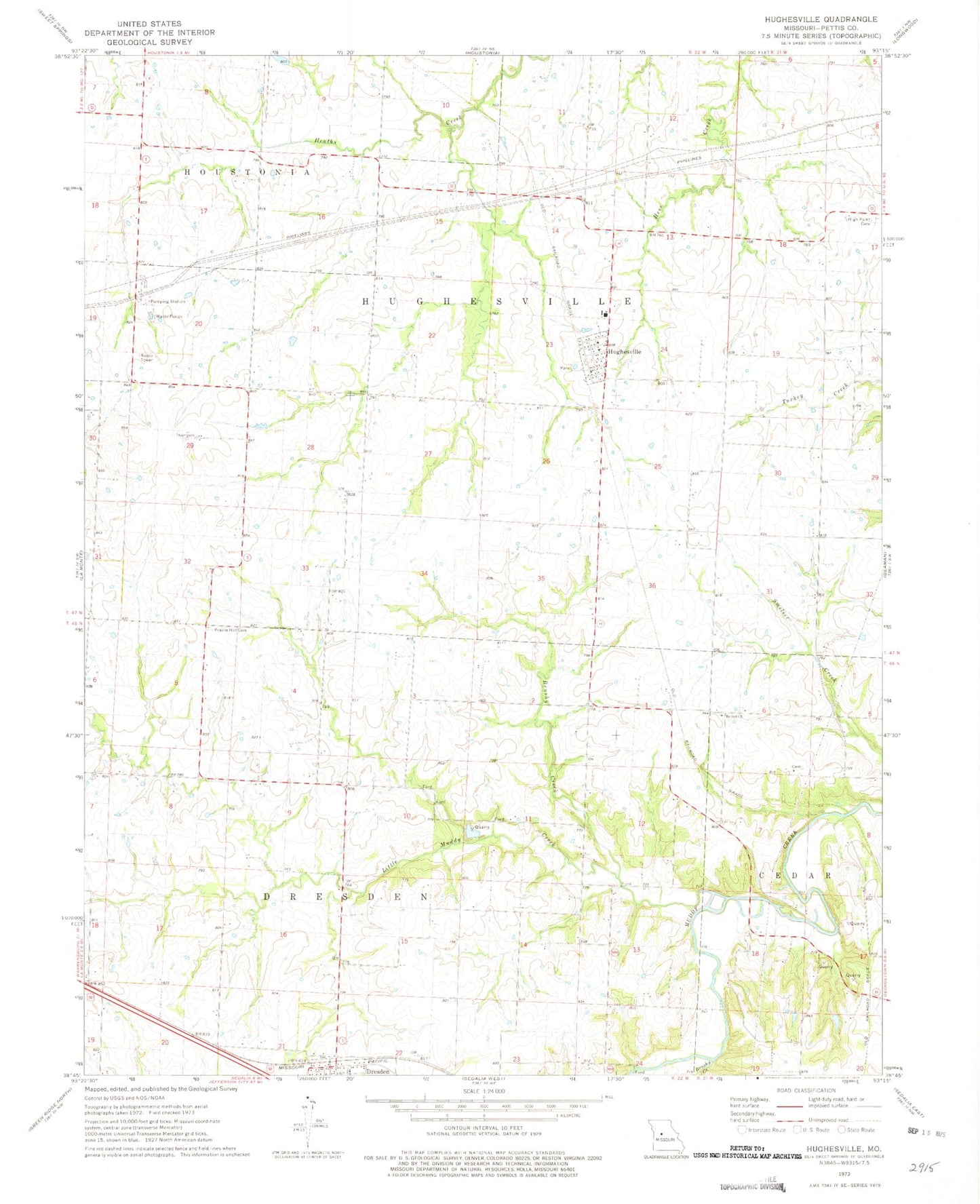Classic USGS Hughesville Missouri 7.5'x7.5' Topo Map Image