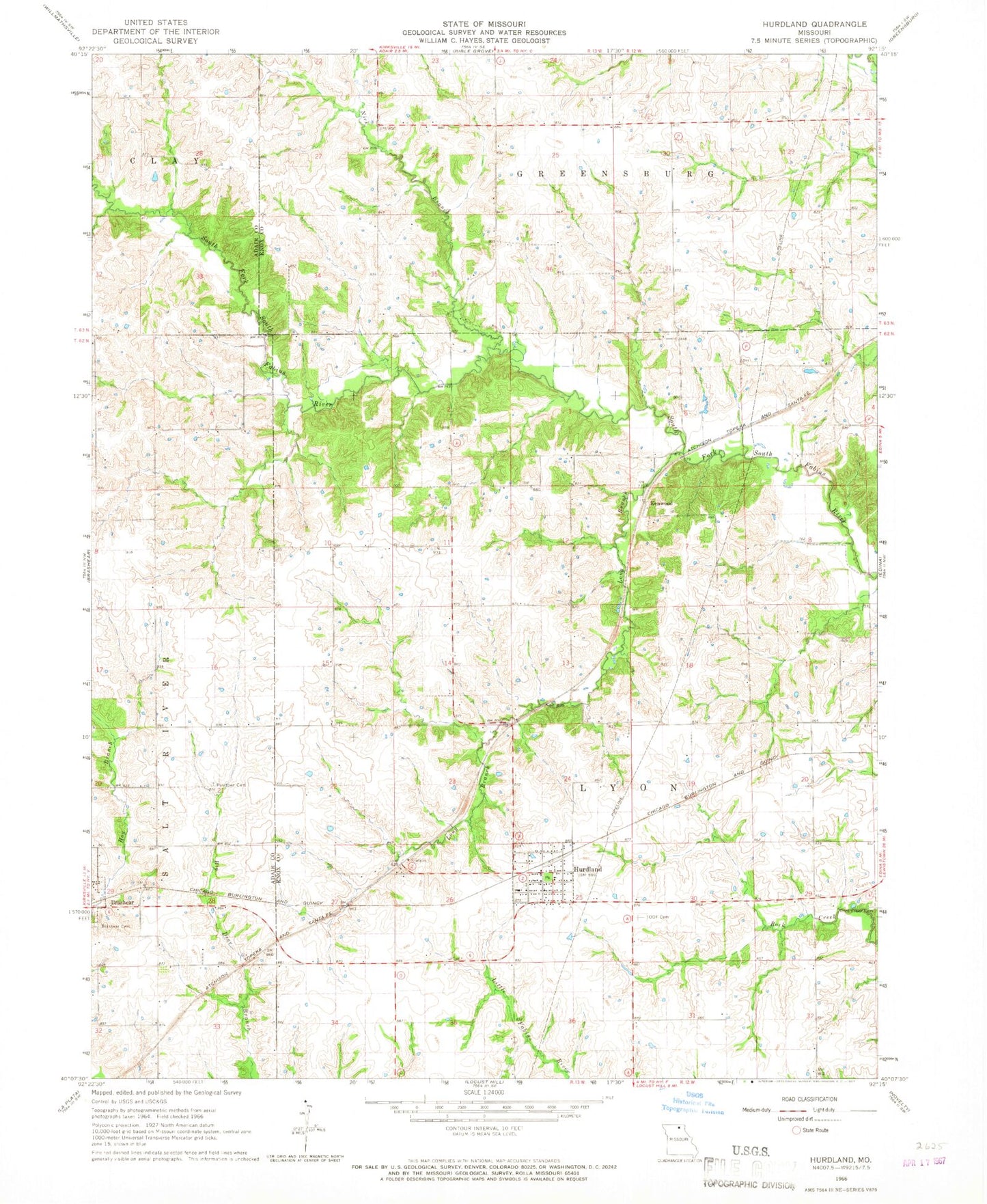 Classic USGS Hurdland Missouri 7.5'x7.5' Topo Map Image