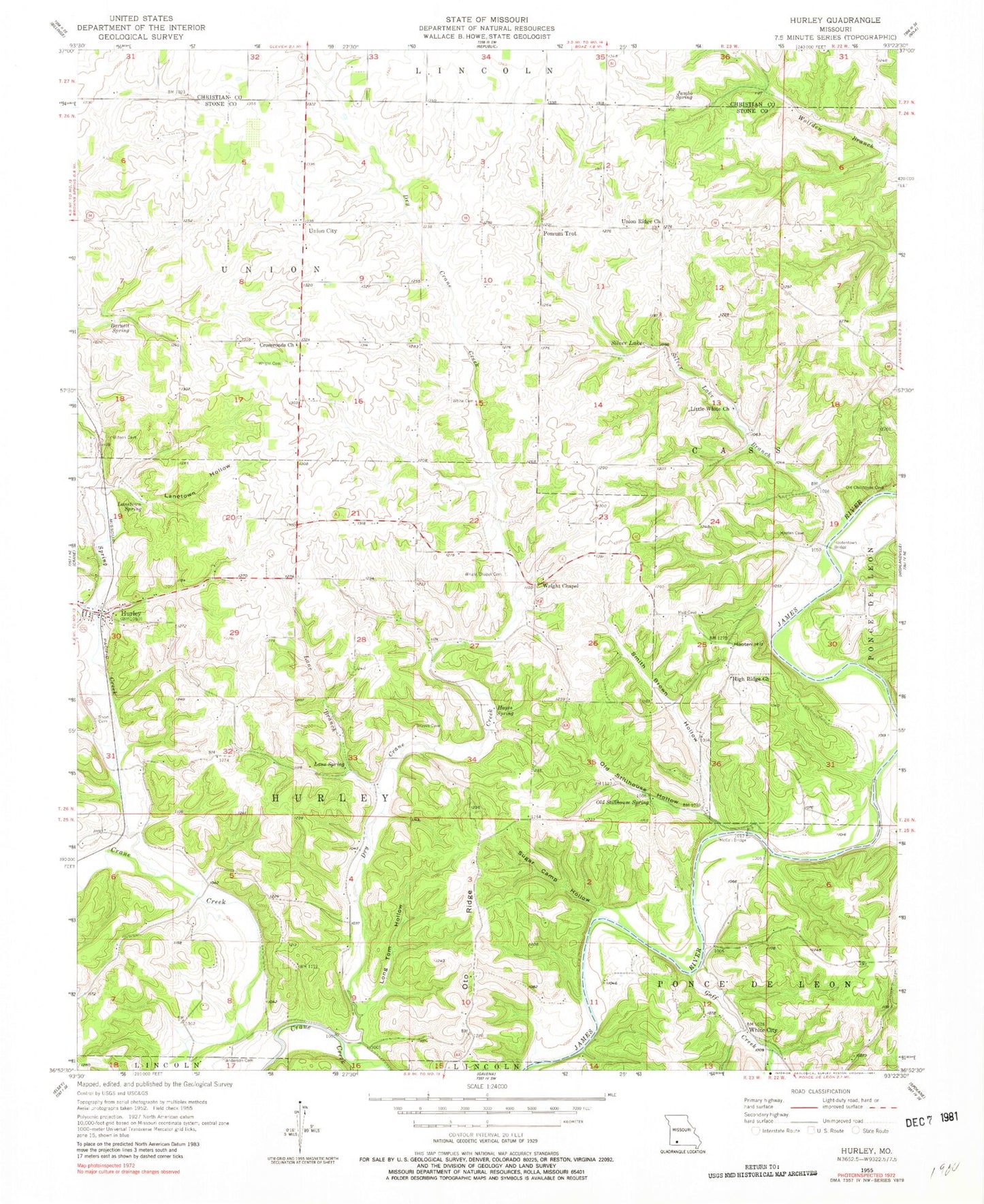 Classic USGS Hurley Missouri 7.5'x7.5' Topo Map Image