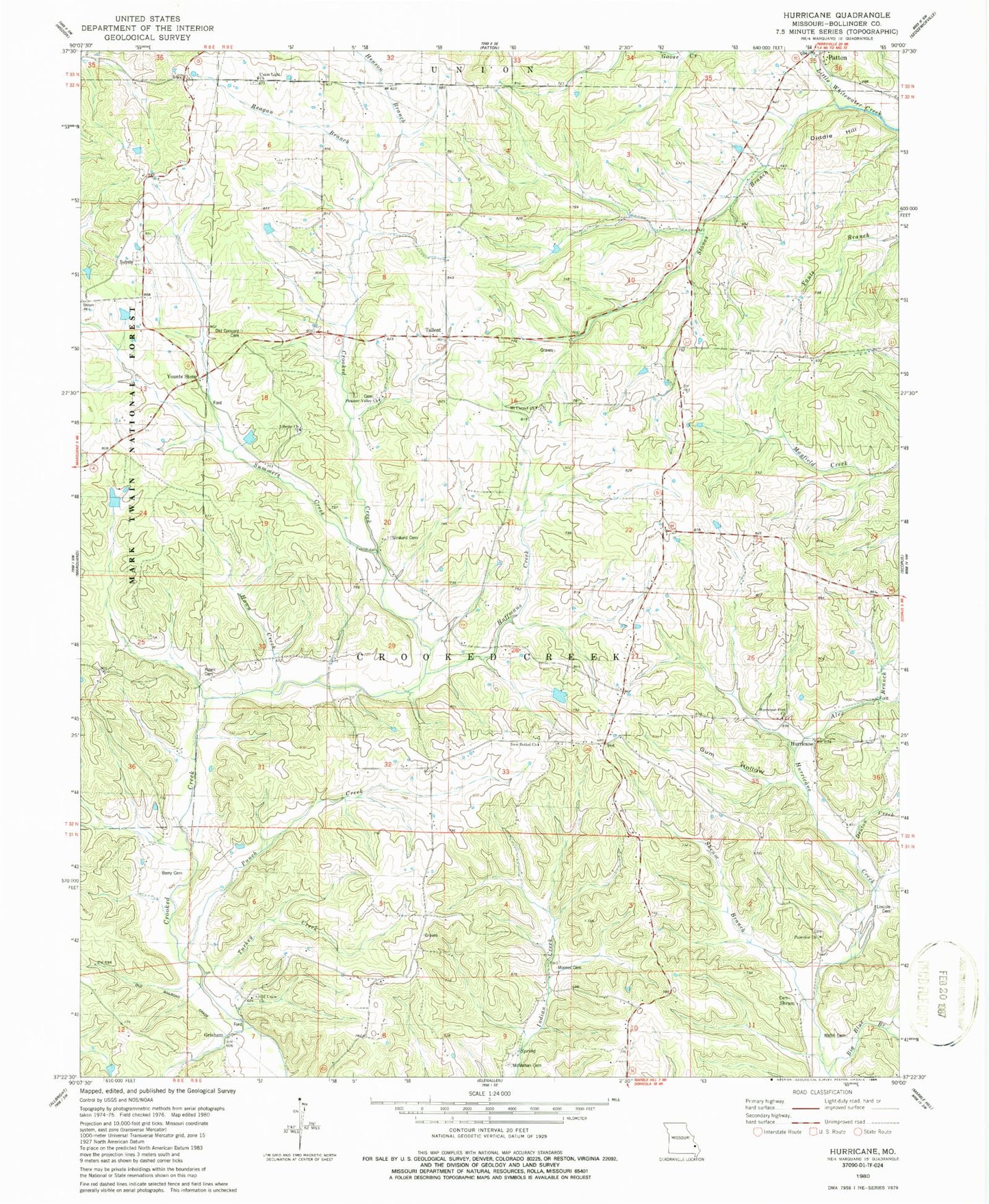 Classic USGS Hurricane Missouri 7.5'x7.5' Topo Map Image