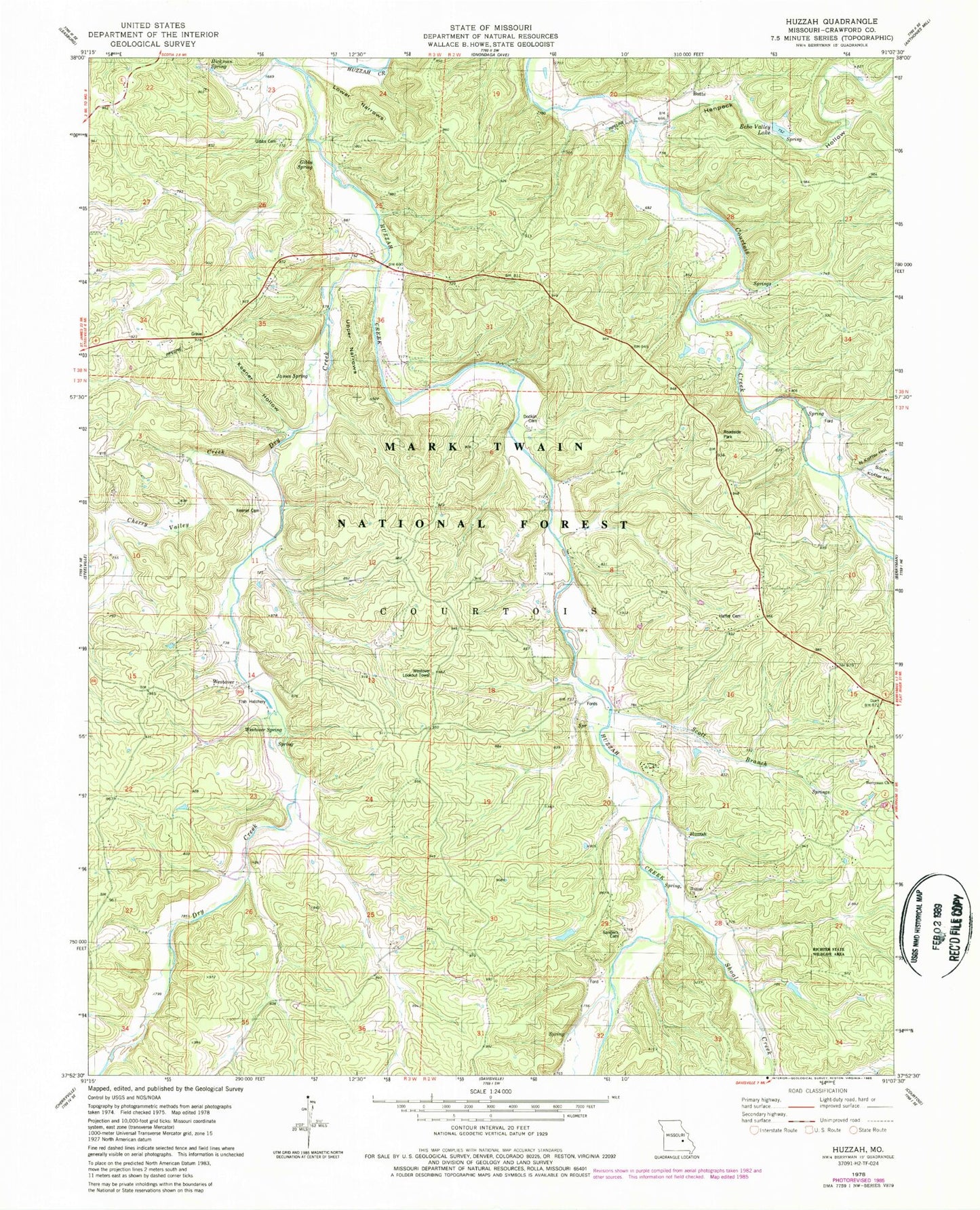 Classic USGS Huzzah Missouri 7.5'x7.5' Topo Map Image
