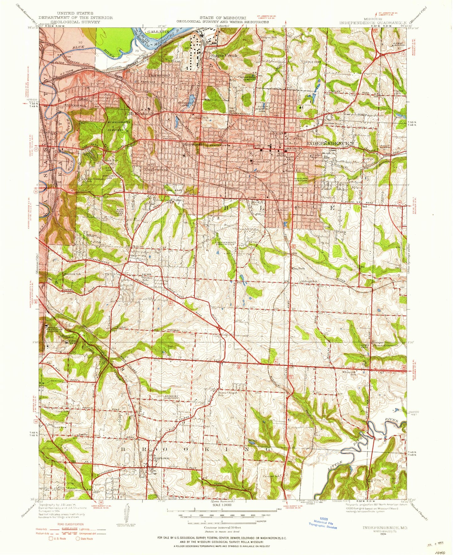 Classic USGS Independence Missouri 7.5'x7.5' Topo Map Image
