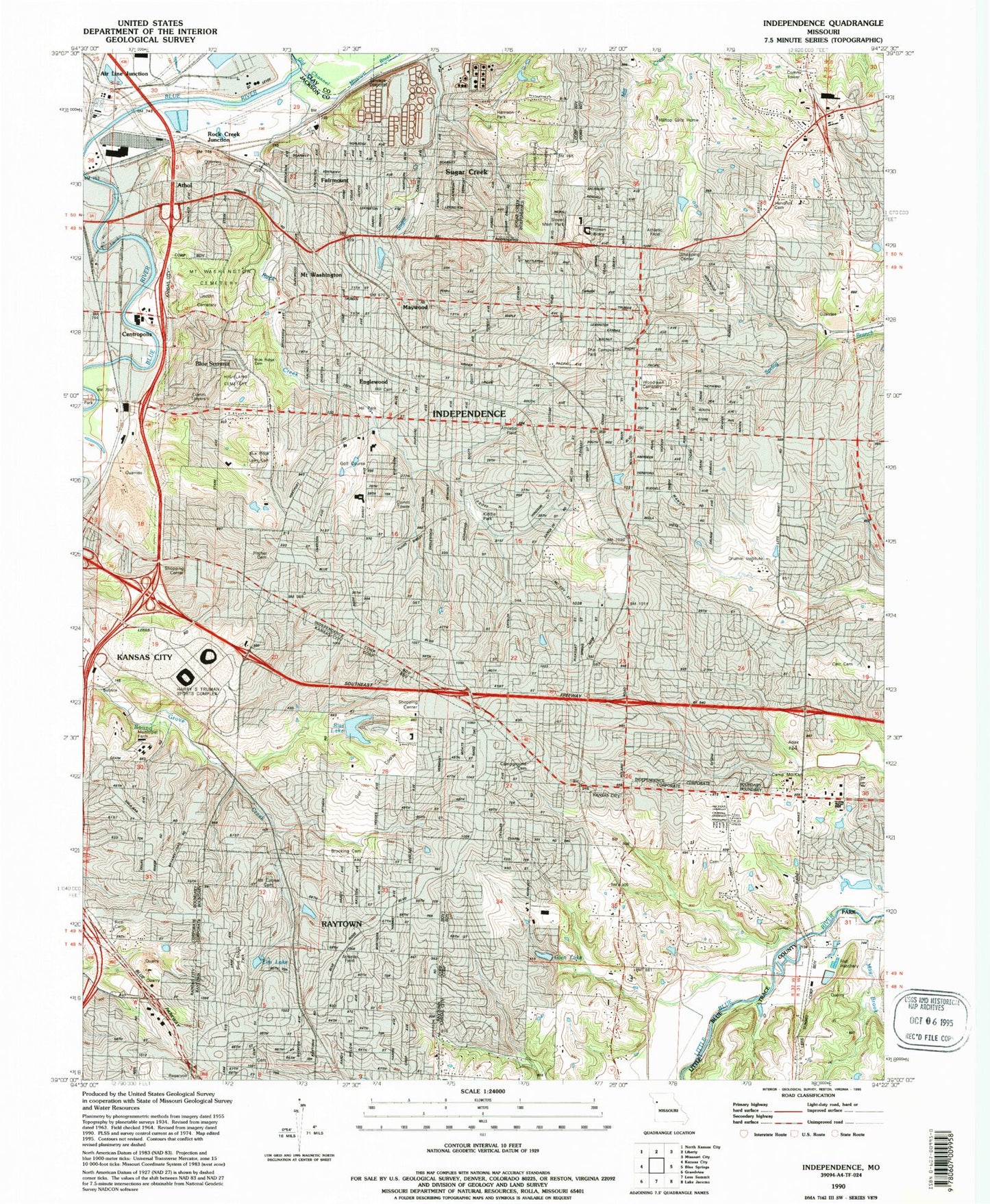 Classic USGS Independence Missouri 7.5'x7.5' Topo Map Image