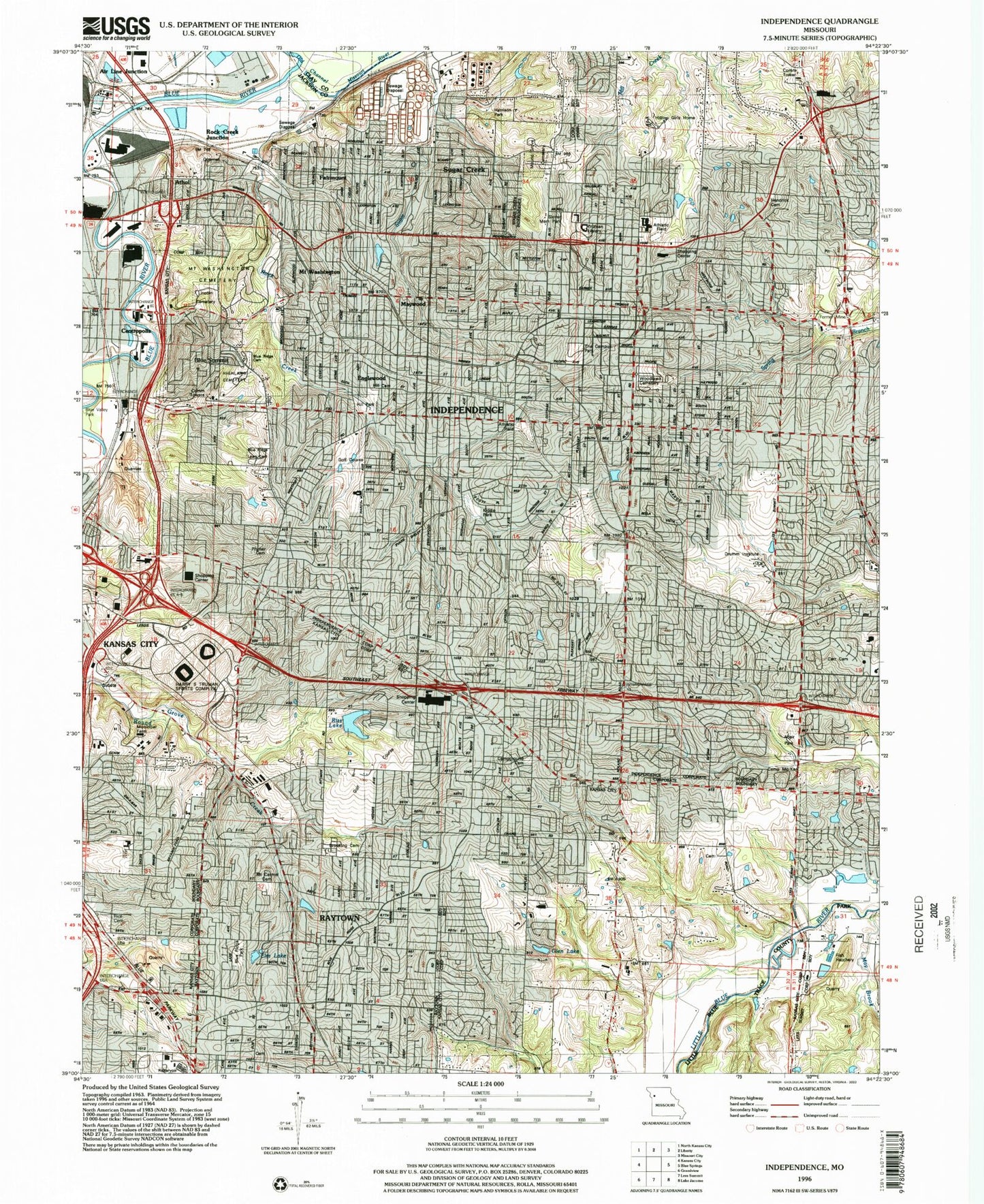 Classic USGS Independence Missouri 7.5'x7.5' Topo Map Image