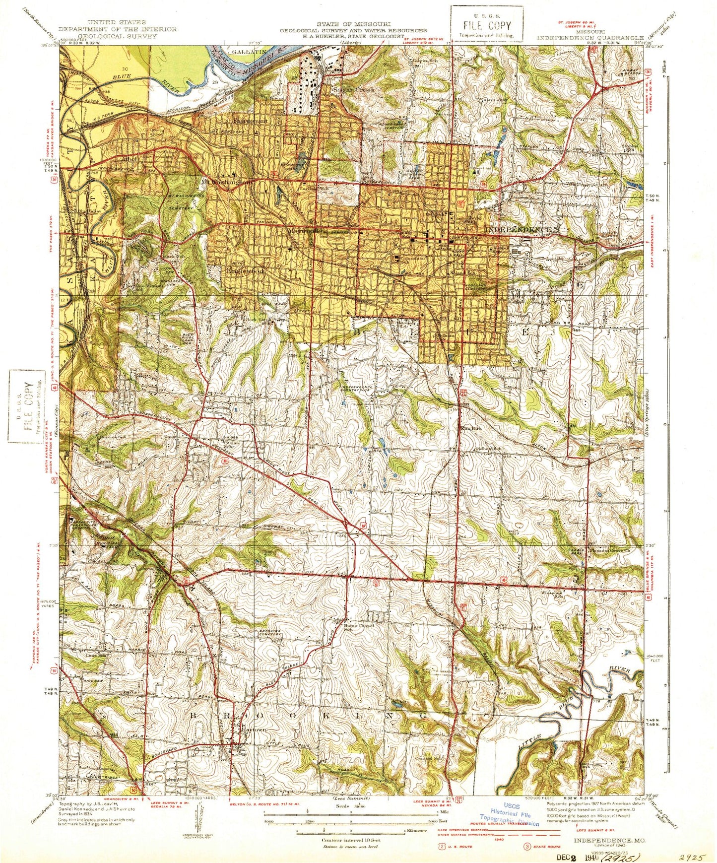 Classic USGS Independence Missouri 7.5'x7.5' Topo Map Image