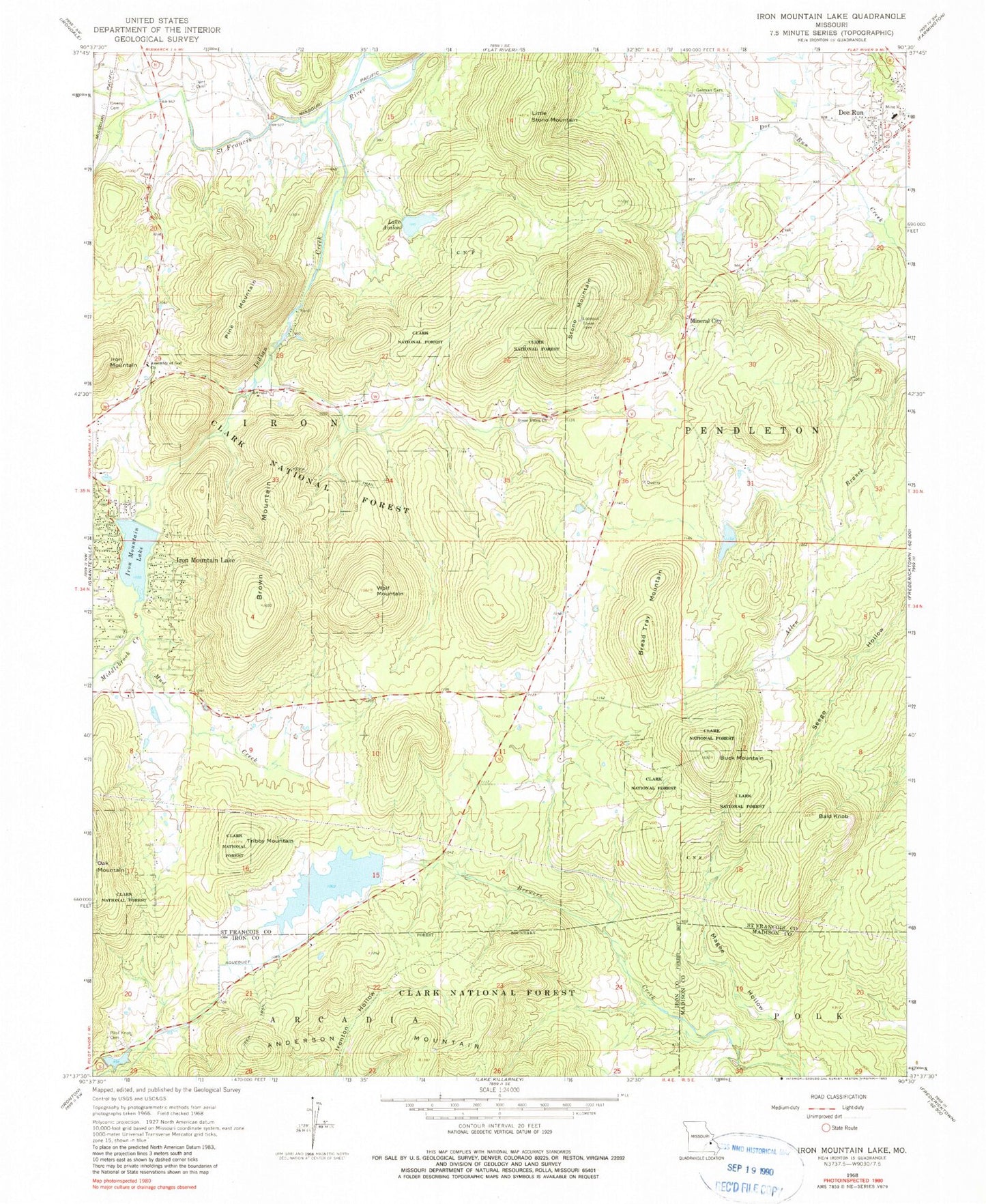 Classic USGS Iron Mountain Lake Missouri 7.5'x7.5' Topo Map Image