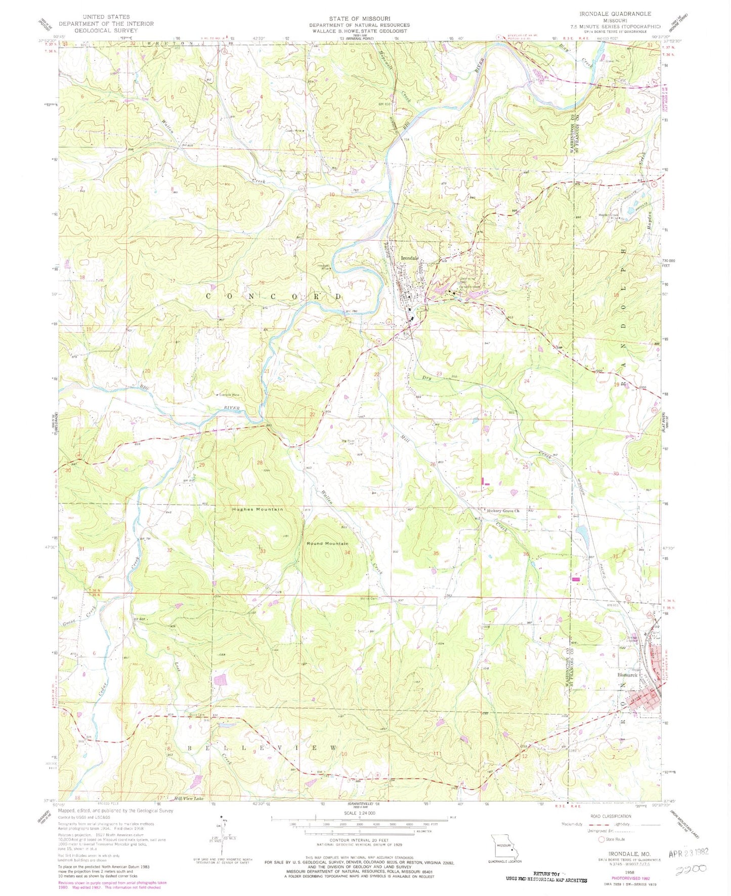 Classic USGS Irondale Missouri 7.5'x7.5' Topo Map Image