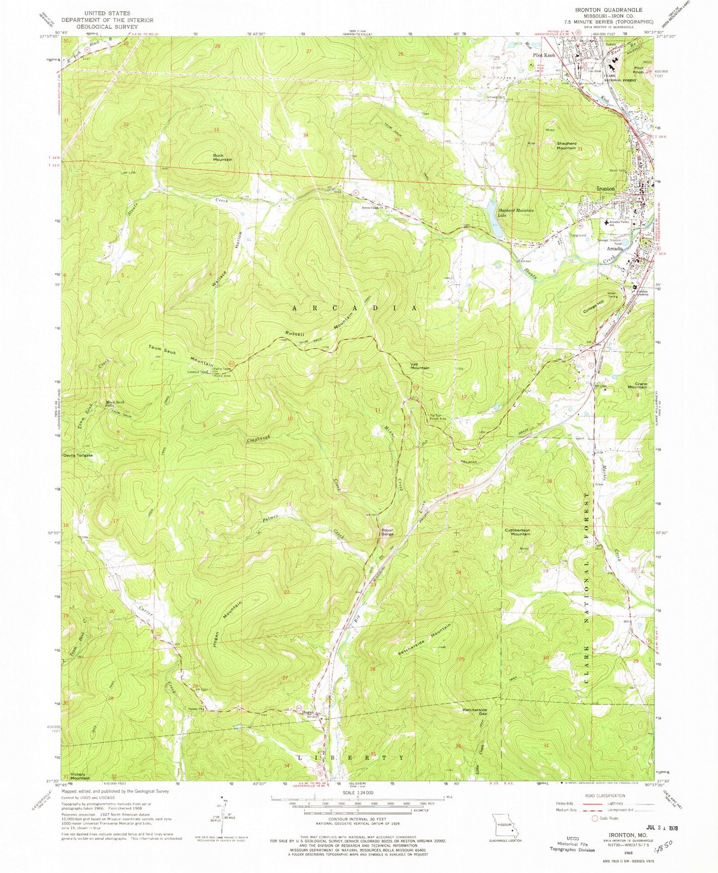 Classic USGS Ironton Missouri 7.5'x7.5' Topo Map Image