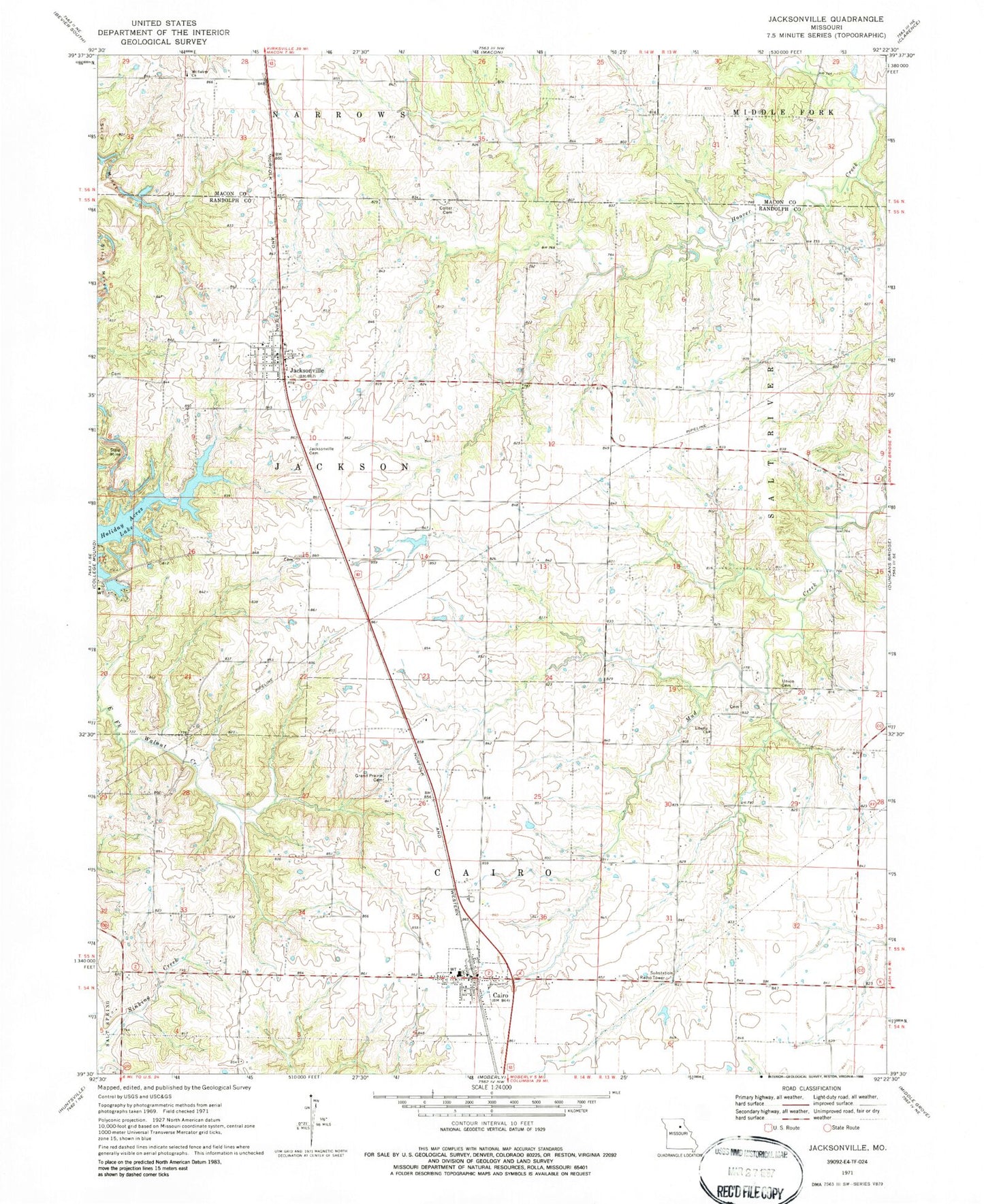 Classic USGS Jacksonville Missouri 7.5'x7.5' Topo Map Image