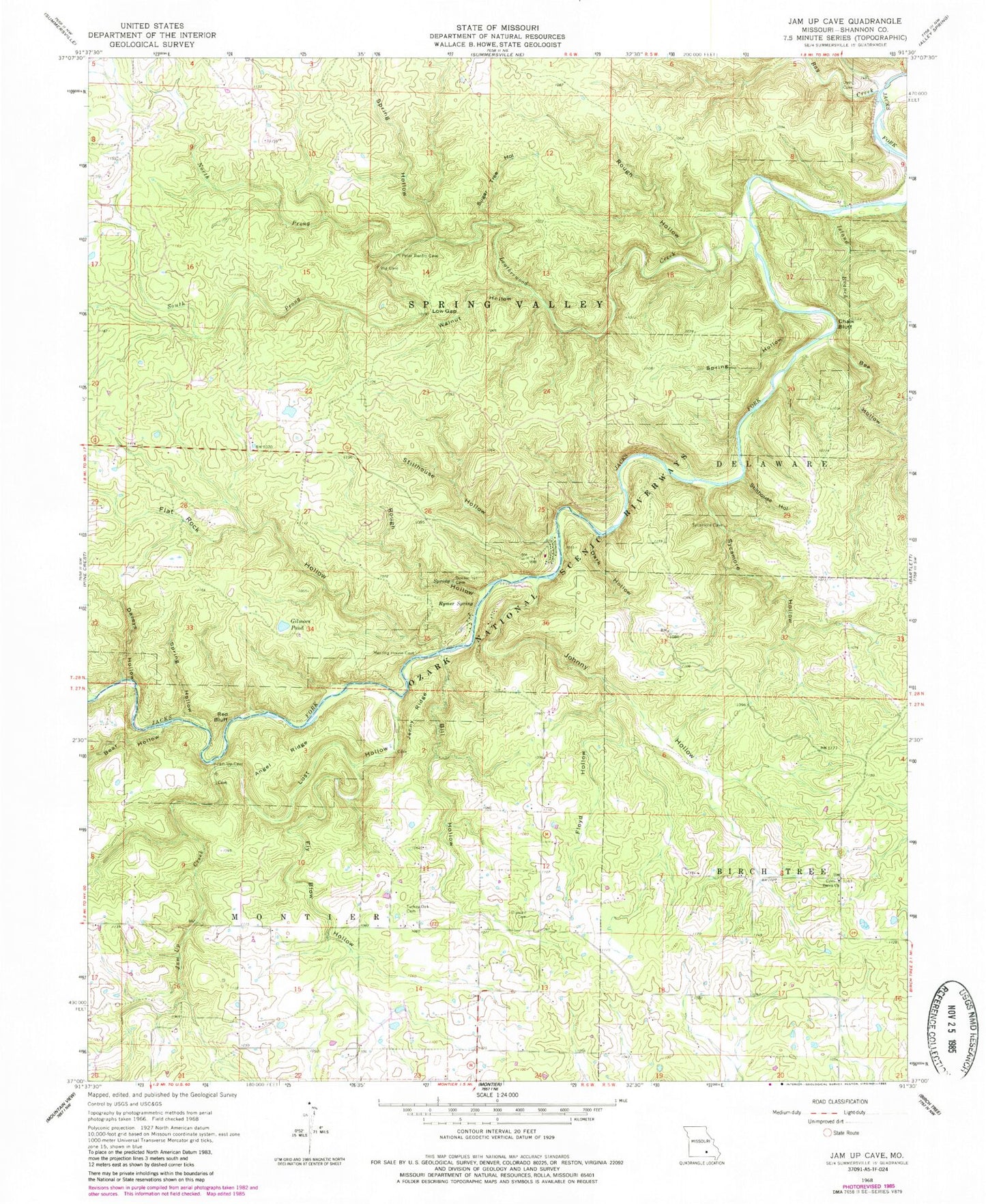 Classic USGS Jam Up Cave Missouri 7.5'x7.5' Topo Map Image