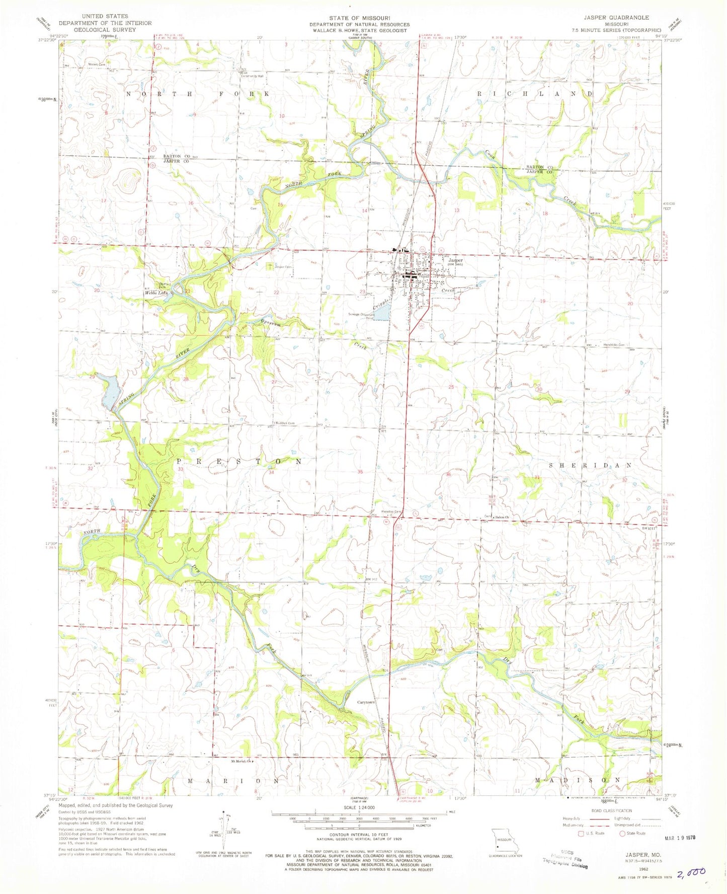 Classic USGS Jasper Missouri 7.5'x7.5' Topo Map Image
