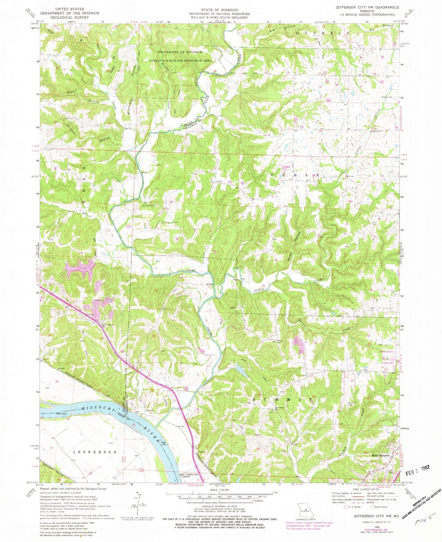 Classic USGS Jefferson City NW Missouri 7.5'x7.5' Topo Map Image
