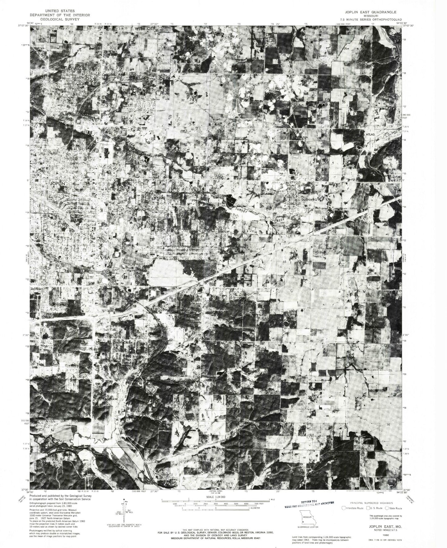 Classic USGS Joplin East Missouri 7.5'x7.5' Topo Map Image