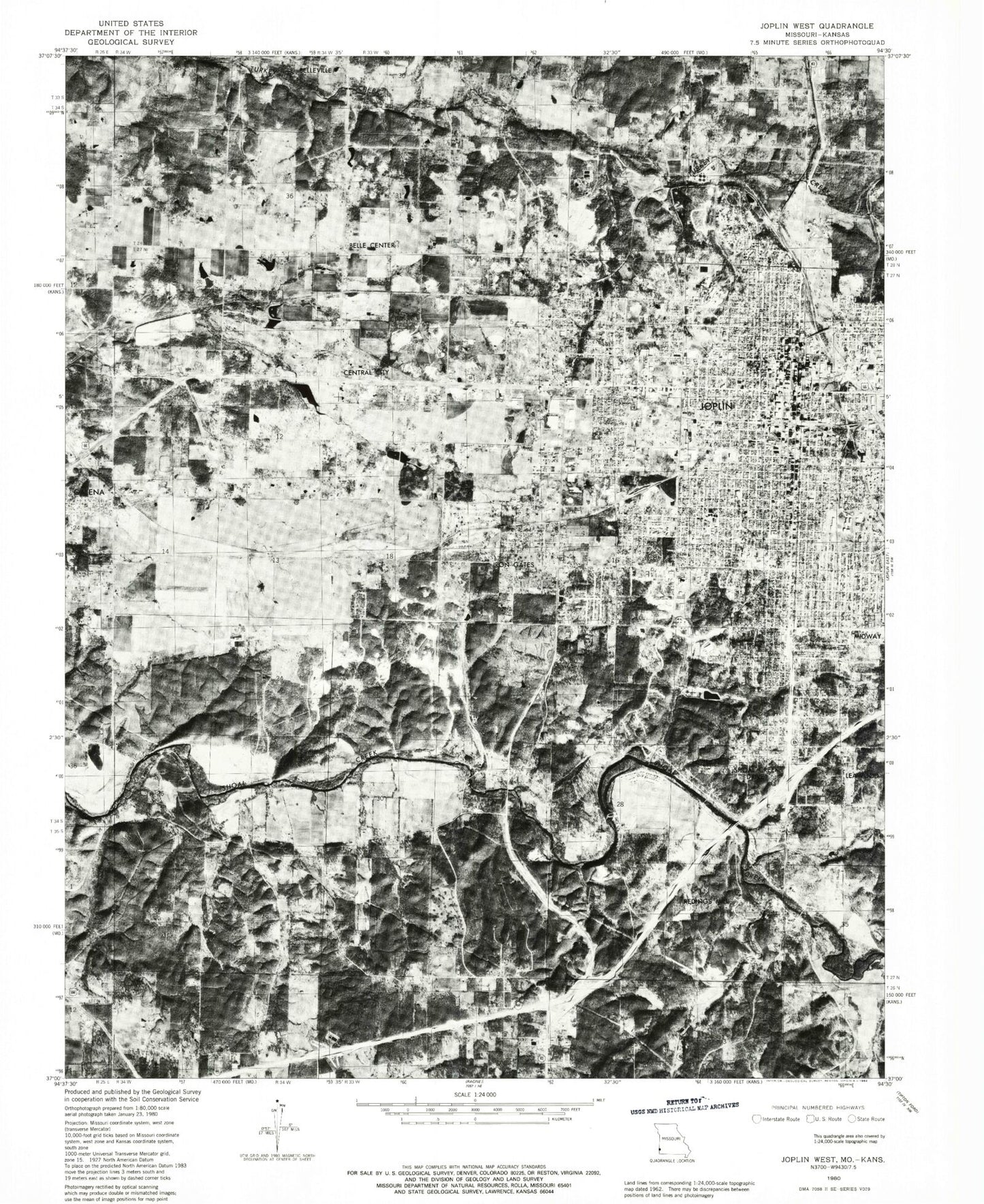 Classic USGS Joplin West Missouri 7.5'x7.5' Topo Map Image