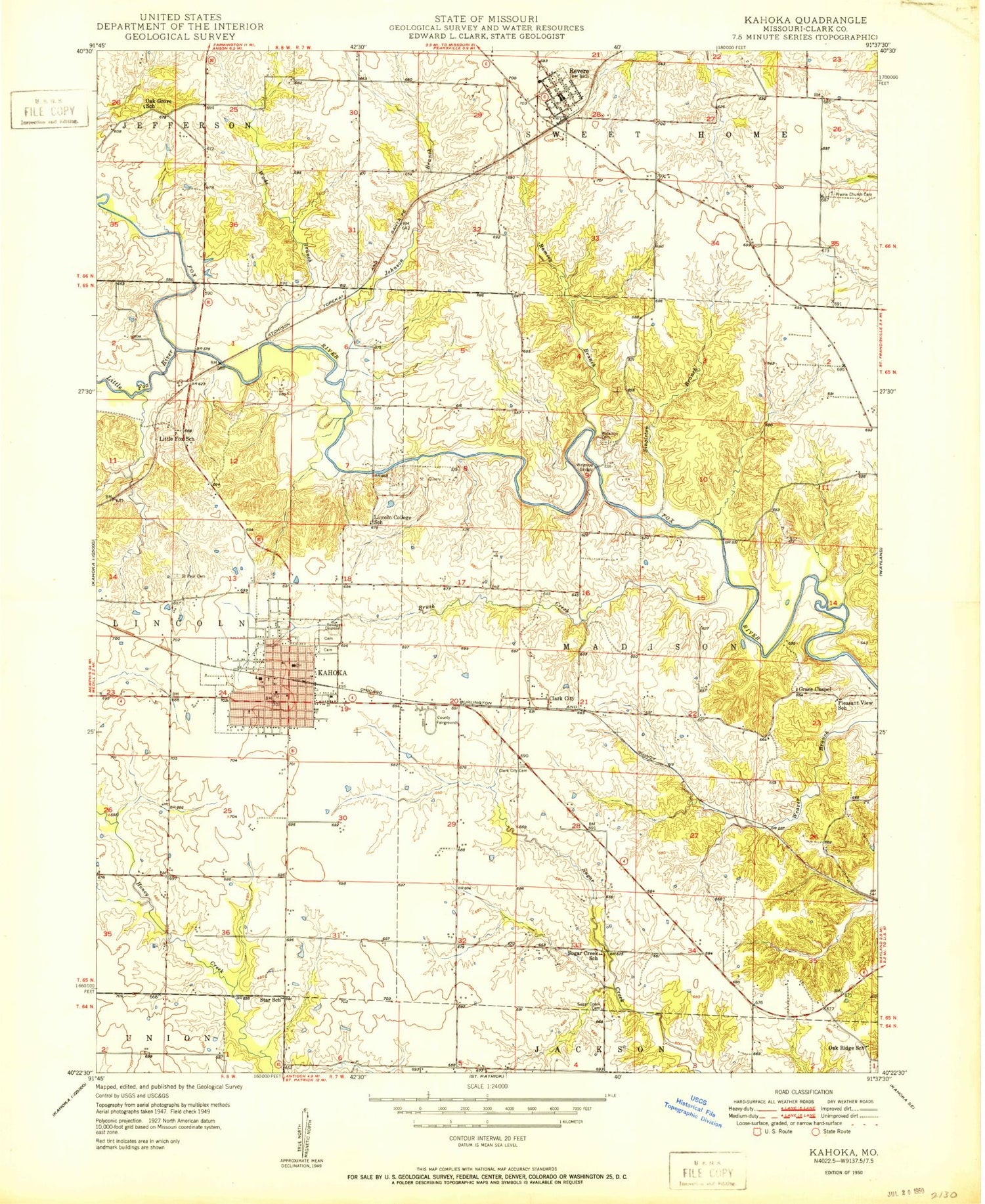 Classic USGS Kahoka Missouri 7.5'x7.5' Topo Map Image