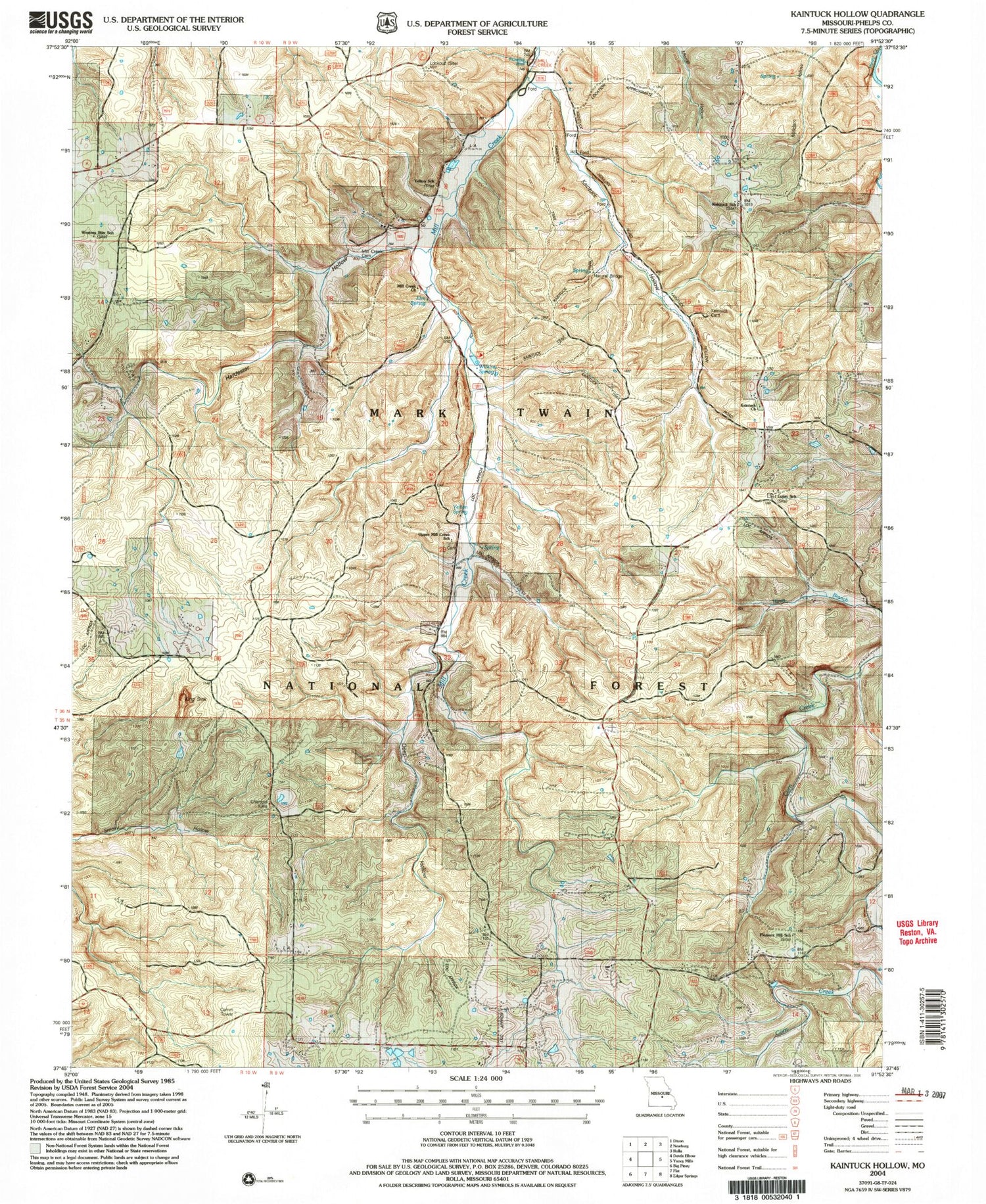 Classic USGS Kaintuck Hollow Missouri 7.5'x7.5' Topo Map Image
