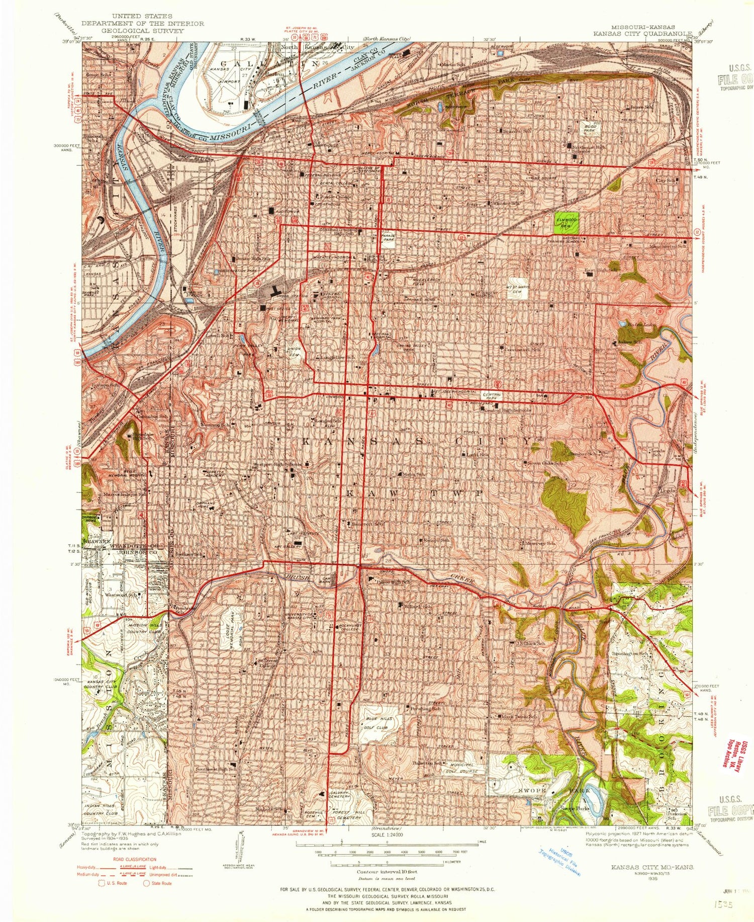Classic USGS Kansas City Missouri 7.5'x7.5' Topo Map Image