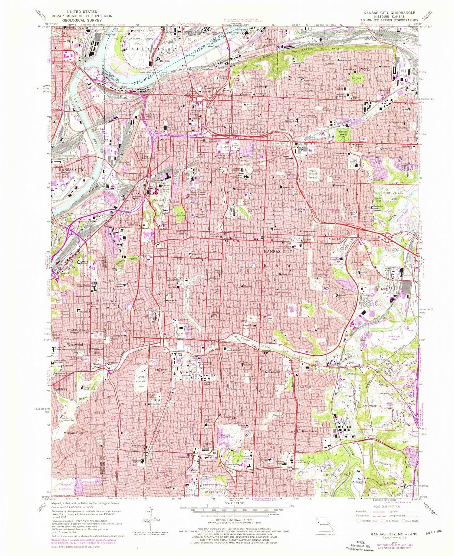 Classic USGS Kansas City Missouri 7.5'x7.5' Topo Map Image