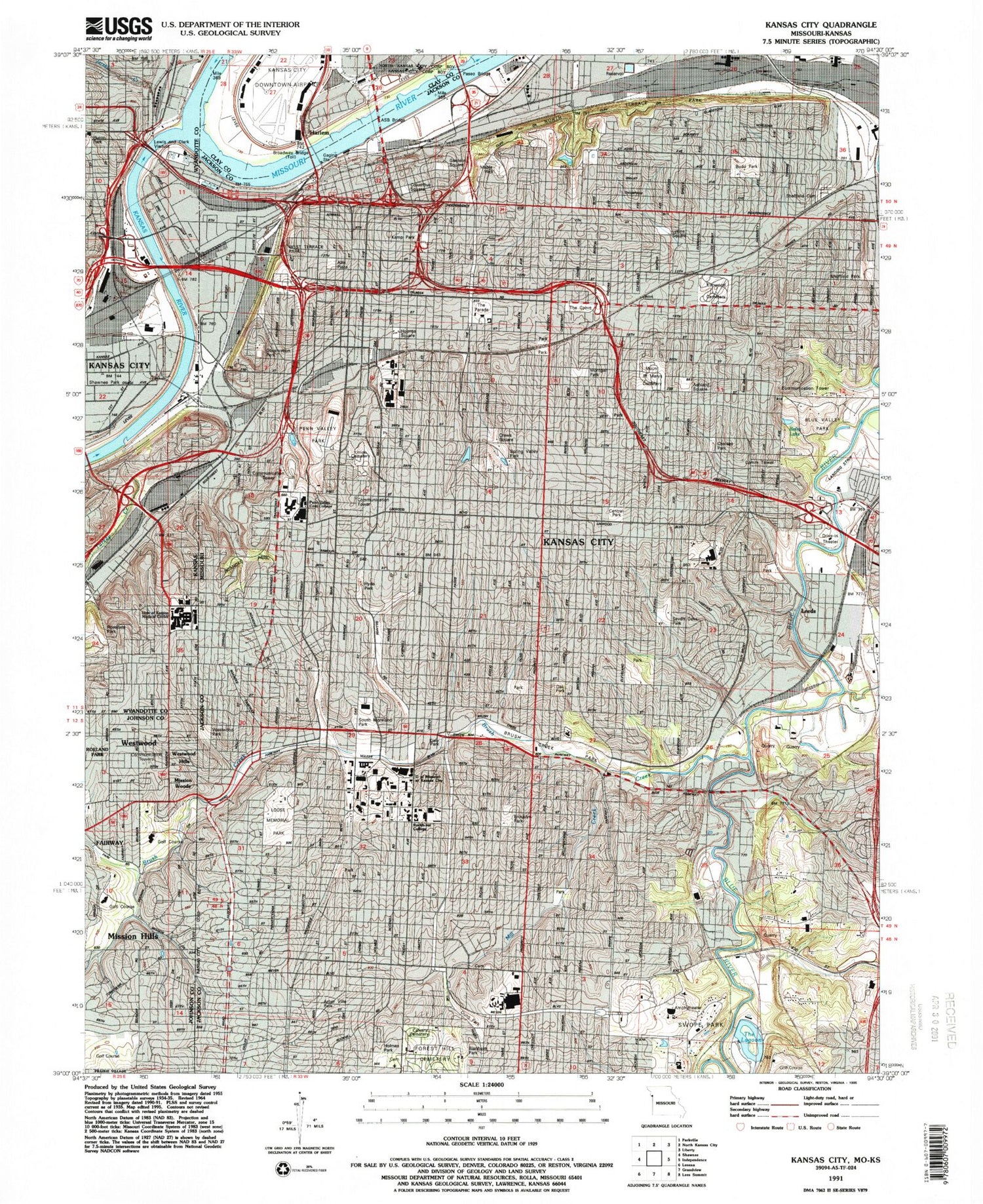 Classic USGS Kansas City Missouri 7.5'x7.5' Topo Map Image