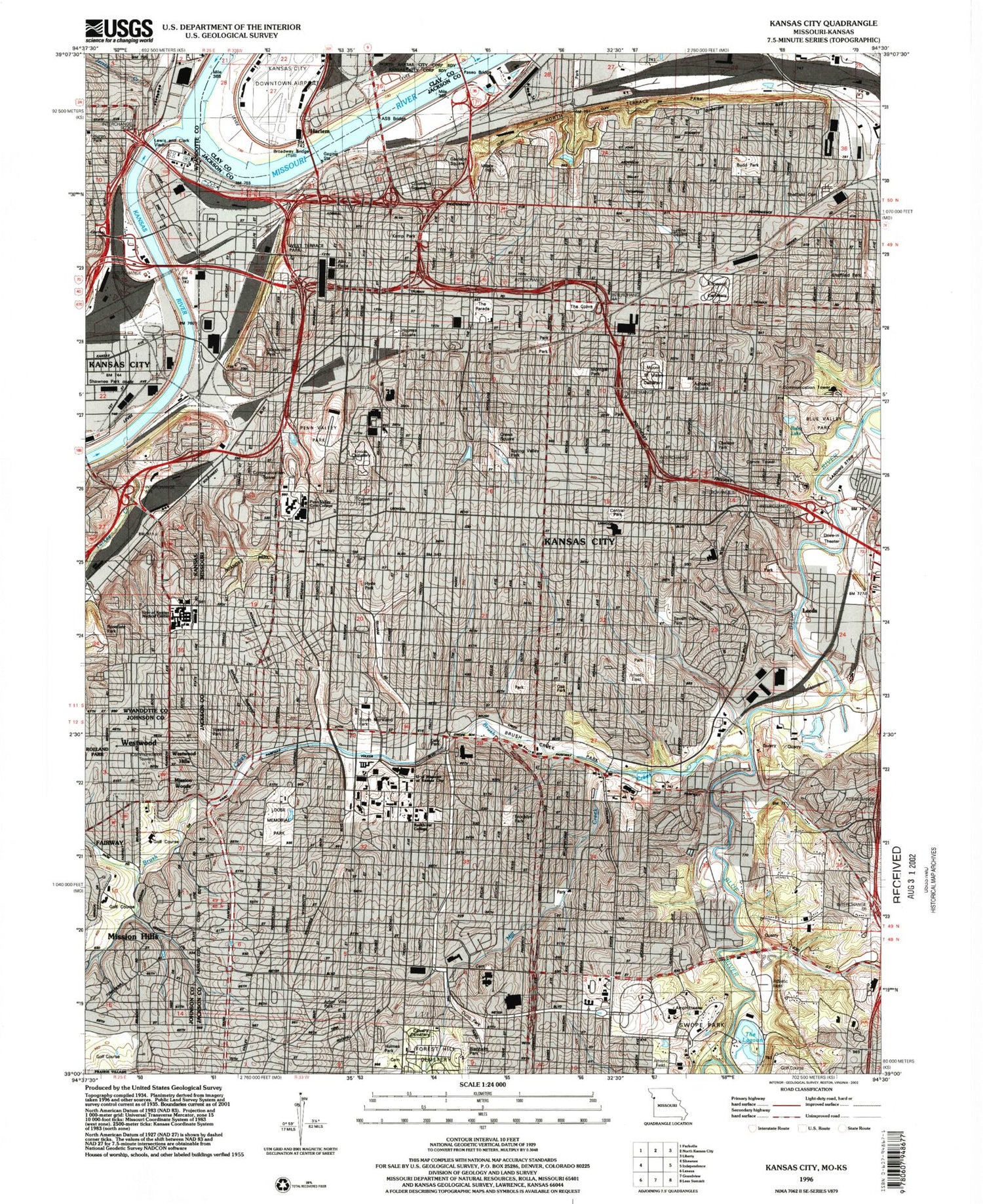 Classic USGS Kansas City Missouri 7.5'x7.5' Topo Map Image