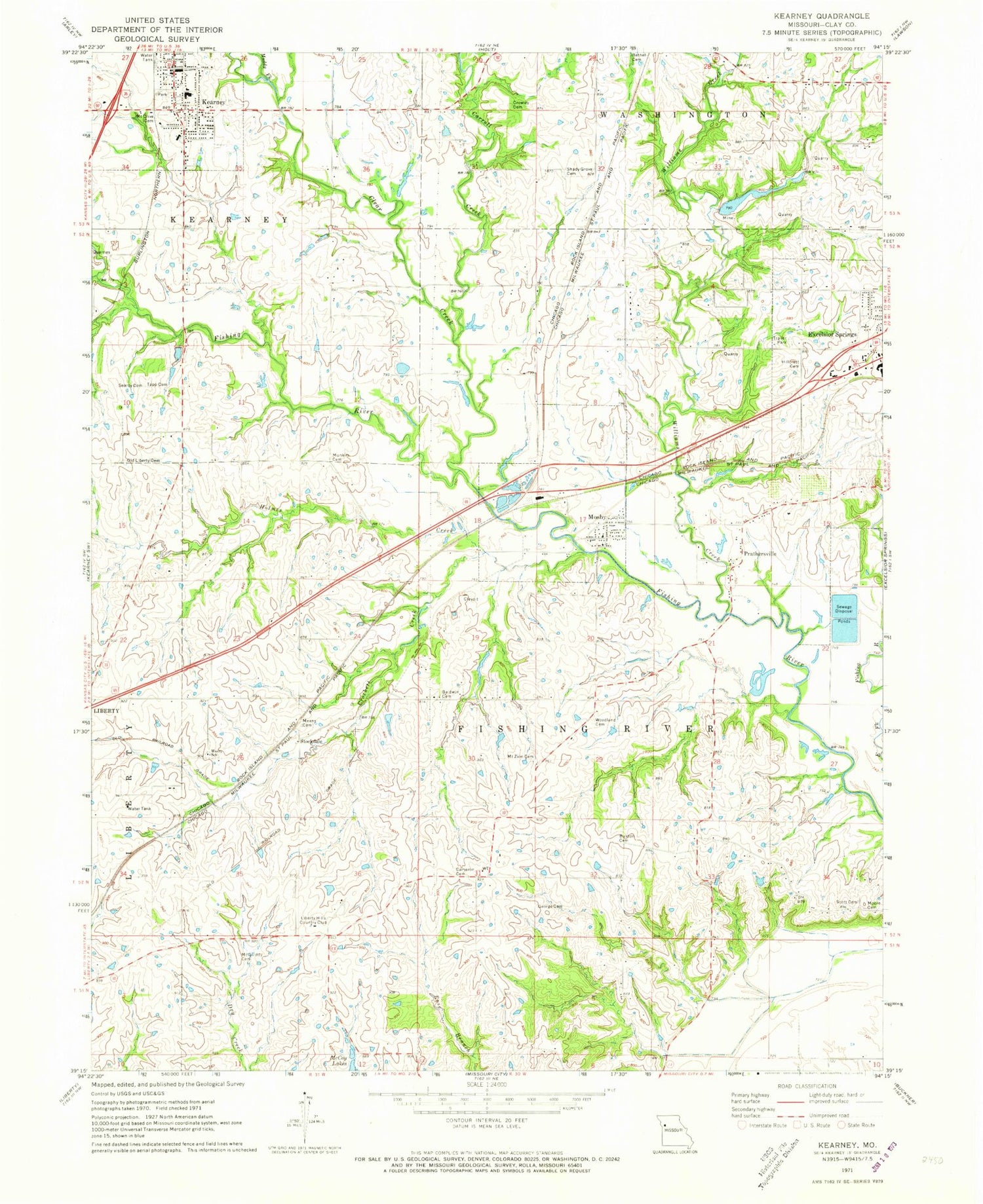 Classic USGS Kearney Missouri 7.5'x7.5' Topo Map Image