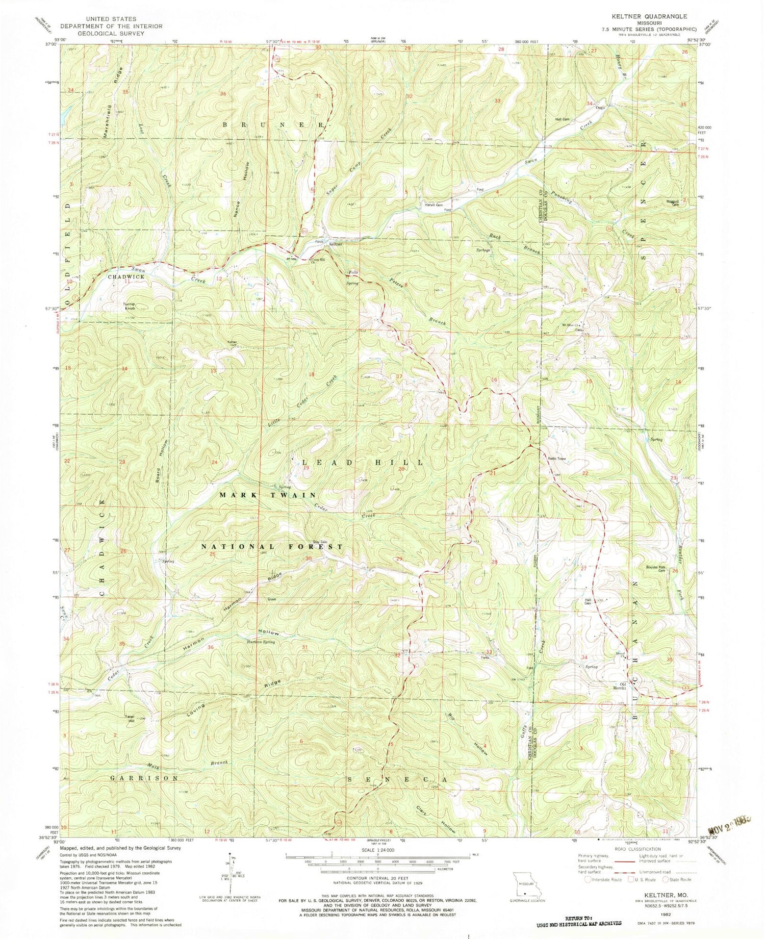 Classic USGS Keltner Missouri 7.5'x7.5' Topo Map Image