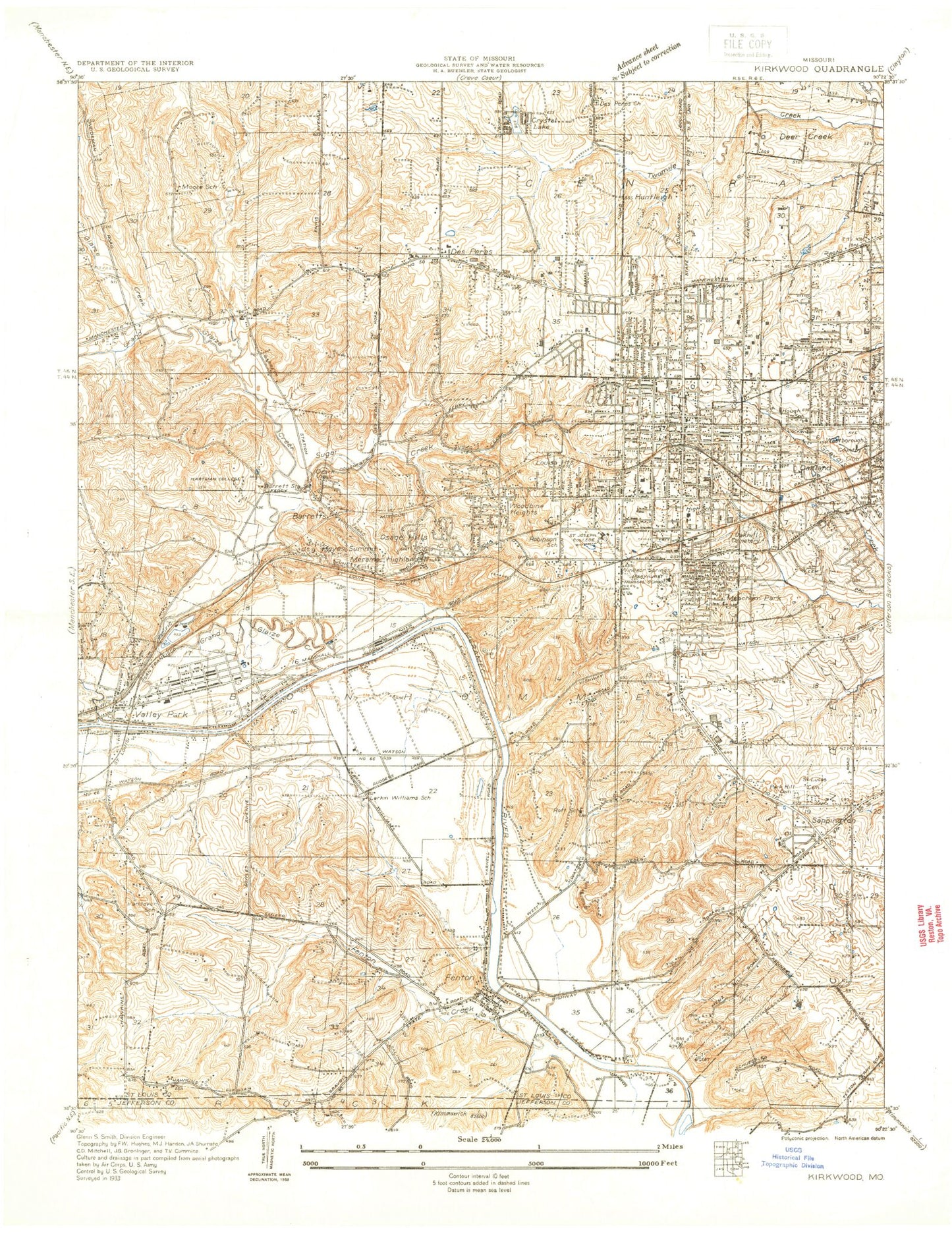 Classic USGS Kirkwood Missouri 7.5'x7.5' Topo Map Image