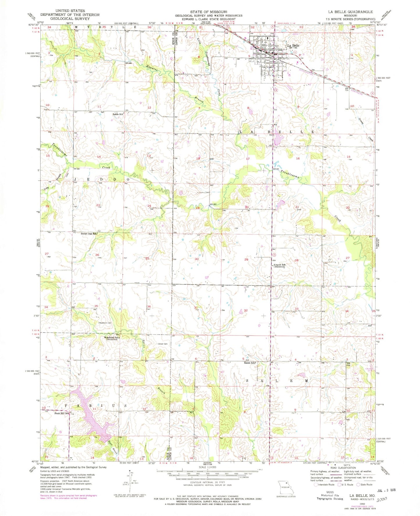 Classic USGS La Belle Missouri 7.5'x7.5' Topo Map Image