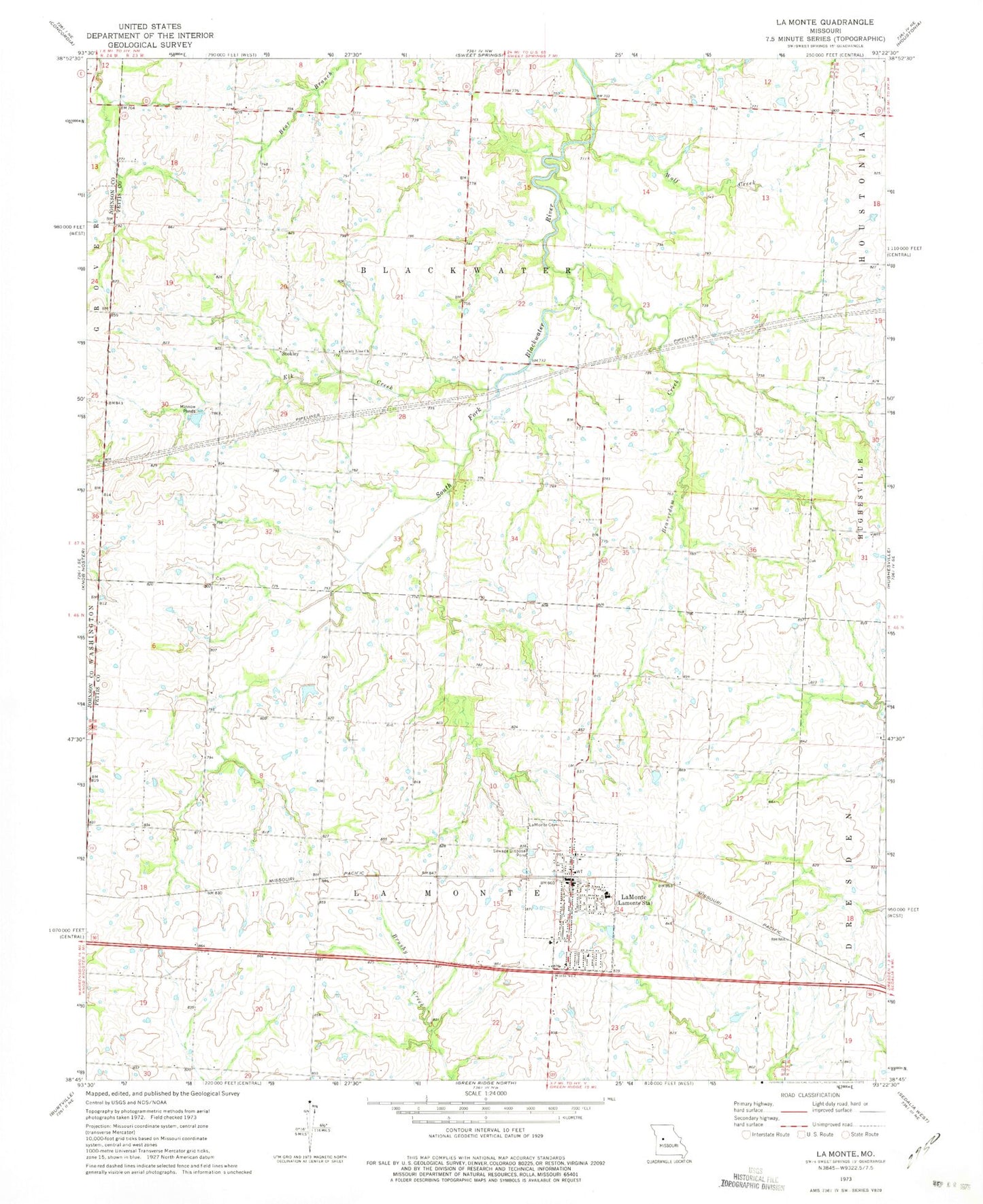 Classic USGS La Monte Missouri 7.5'x7.5' Topo Map Image