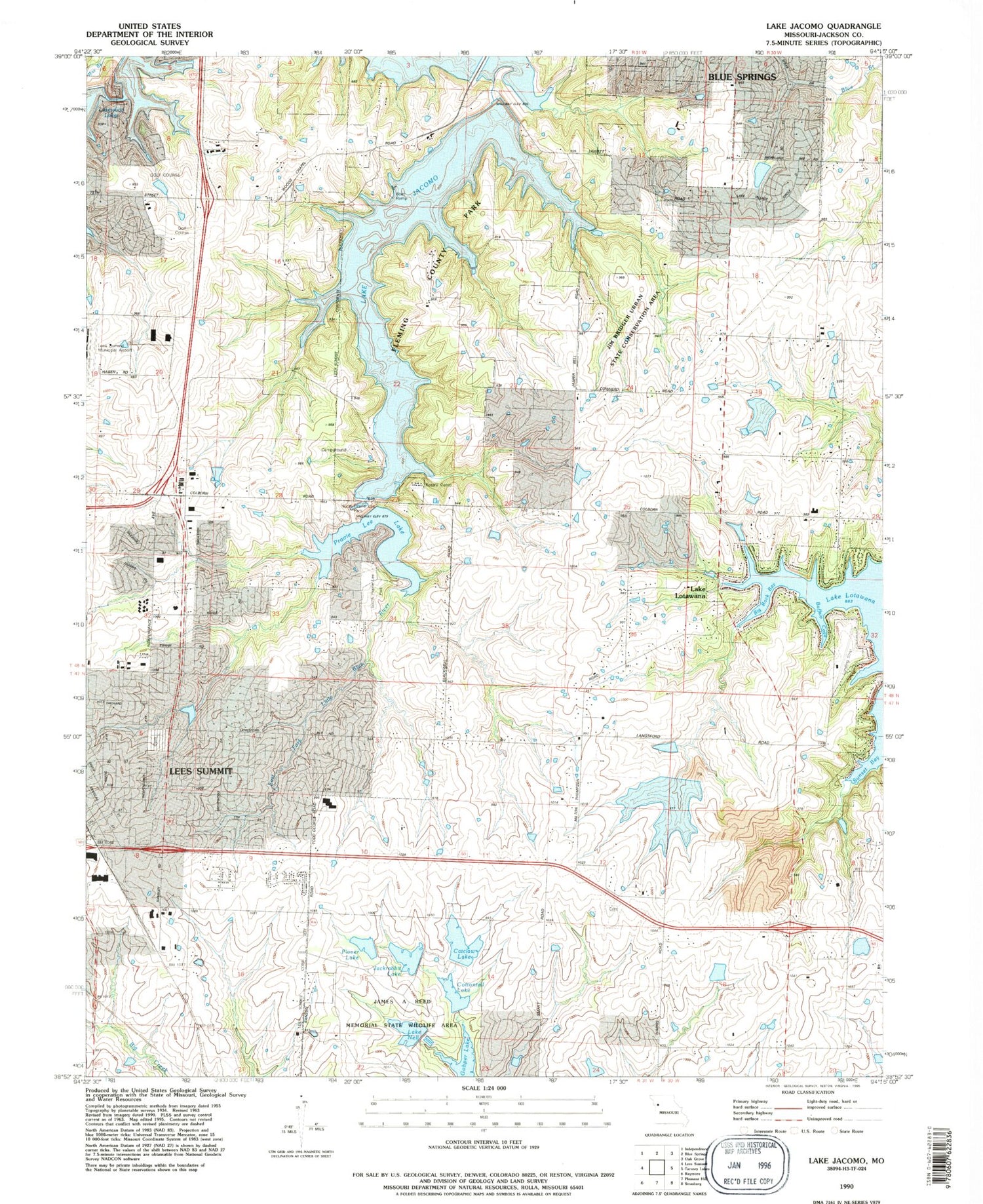 Classic USGS Lake Jacomo Missouri 7.5'x7.5' Topo Map Image