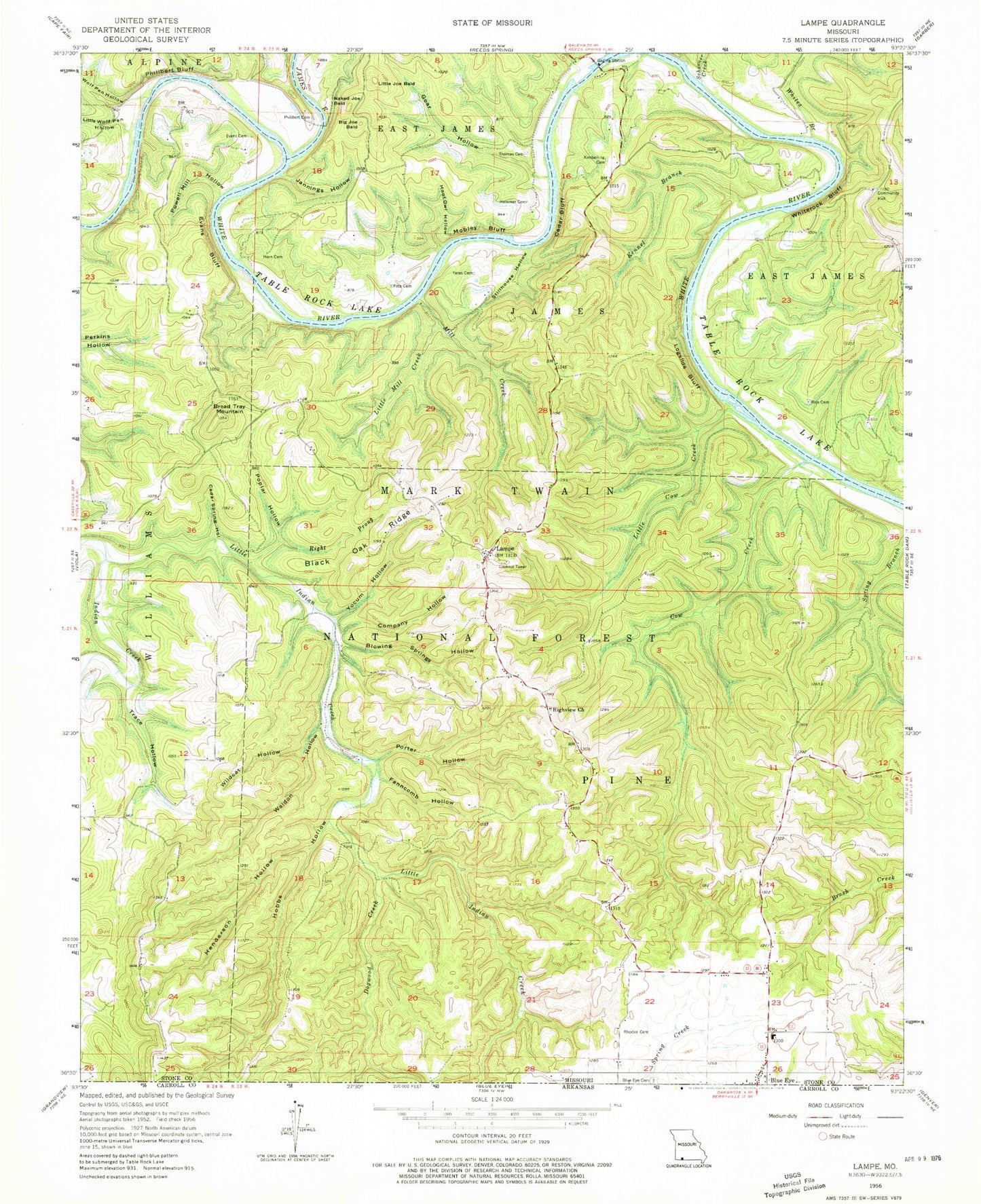 Classic USGS Lampe Missouri 7.5'x7.5' Topo Map Image