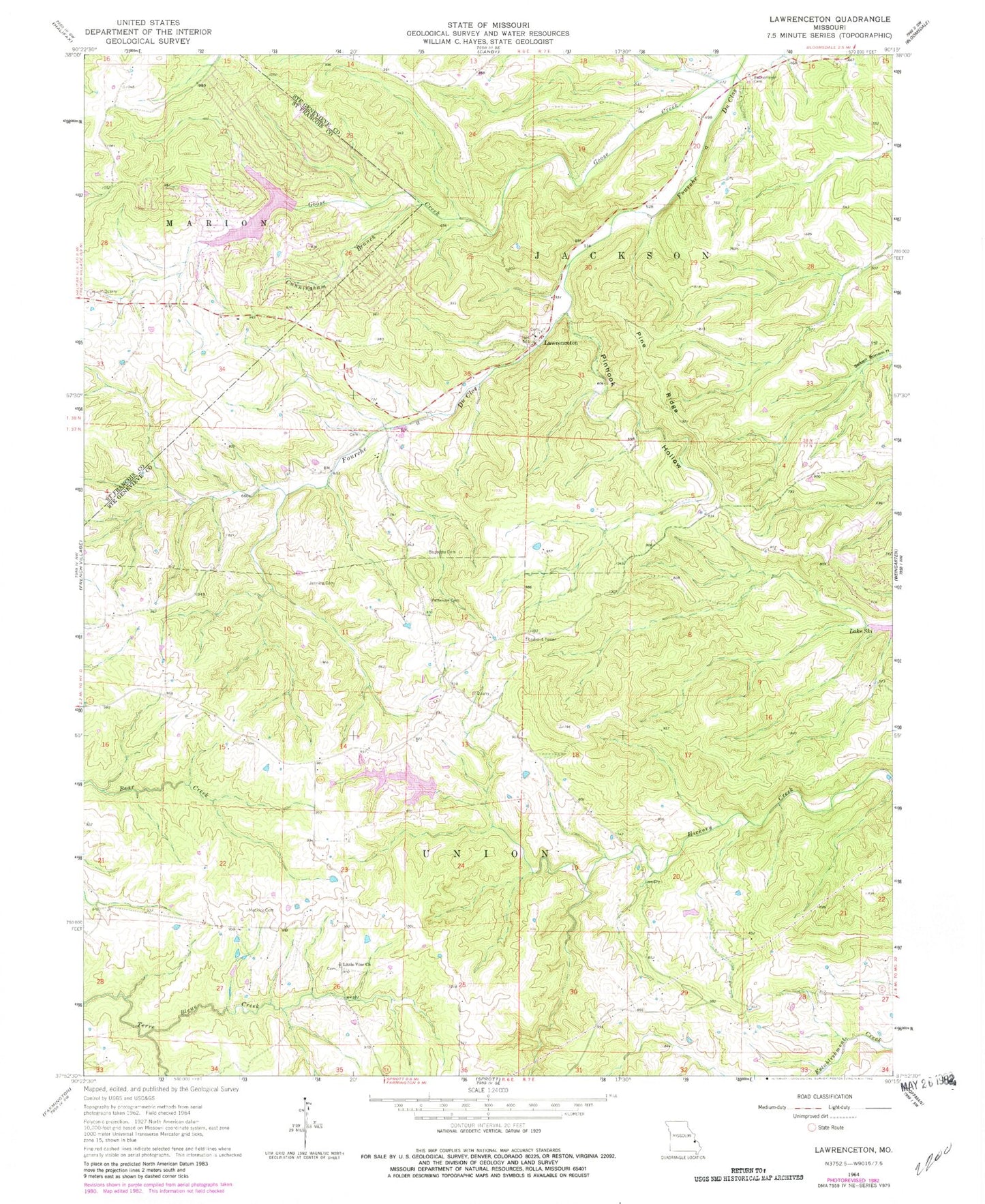 Classic USGS Lawrenceton Missouri 7.5'x7.5' Topo Map Image