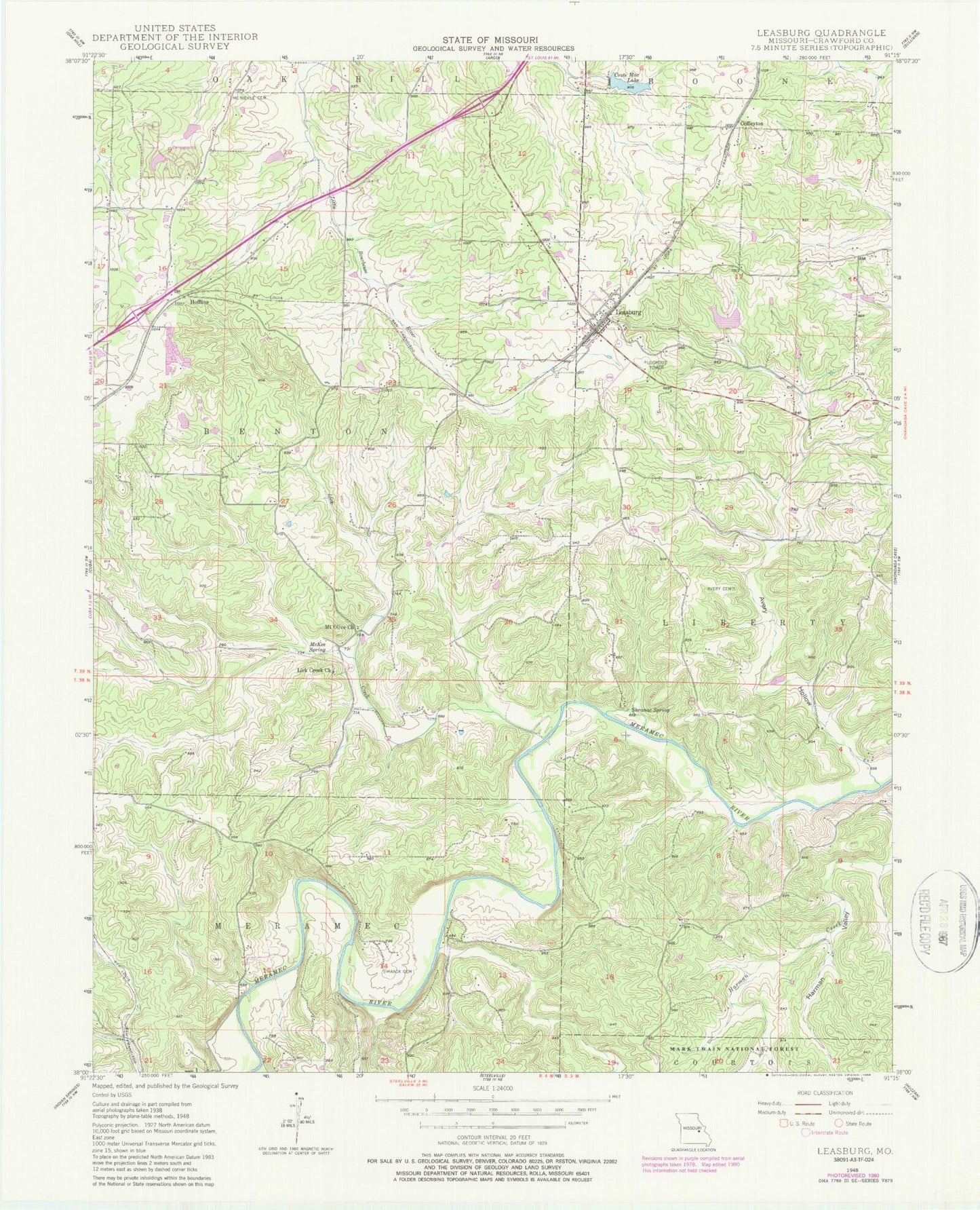 Classic USGS Leasburg Missouri 7.5'x7.5' Topo Map Image