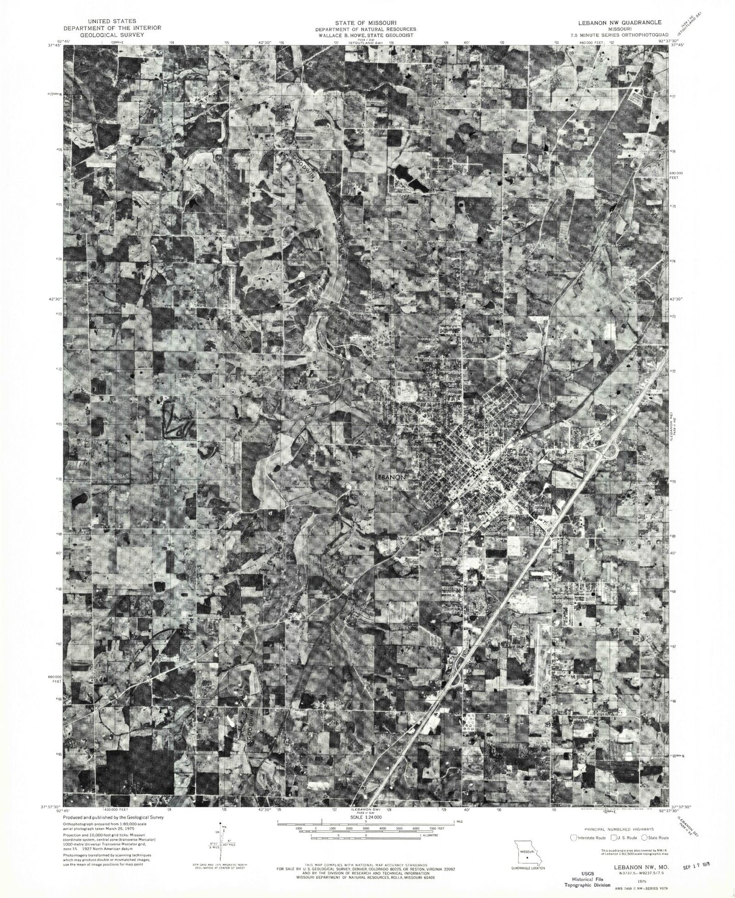 Classic USGS Lebanon Missouri 7.5'x7.5' Topo Map Image
