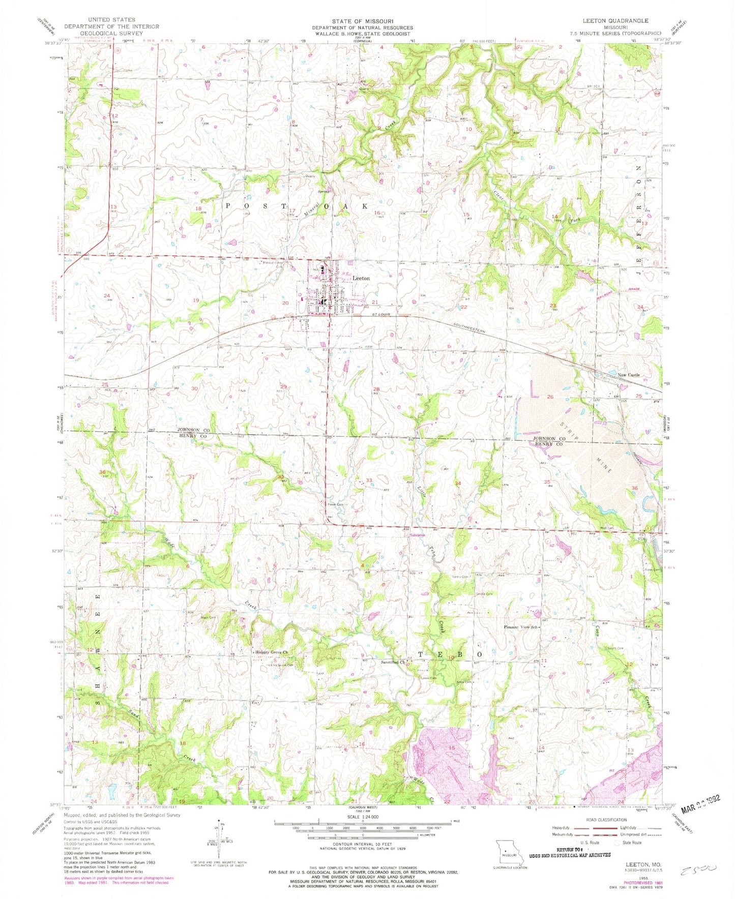 Classic USGS Leeton Missouri 7.5'x7.5' Topo Map Image