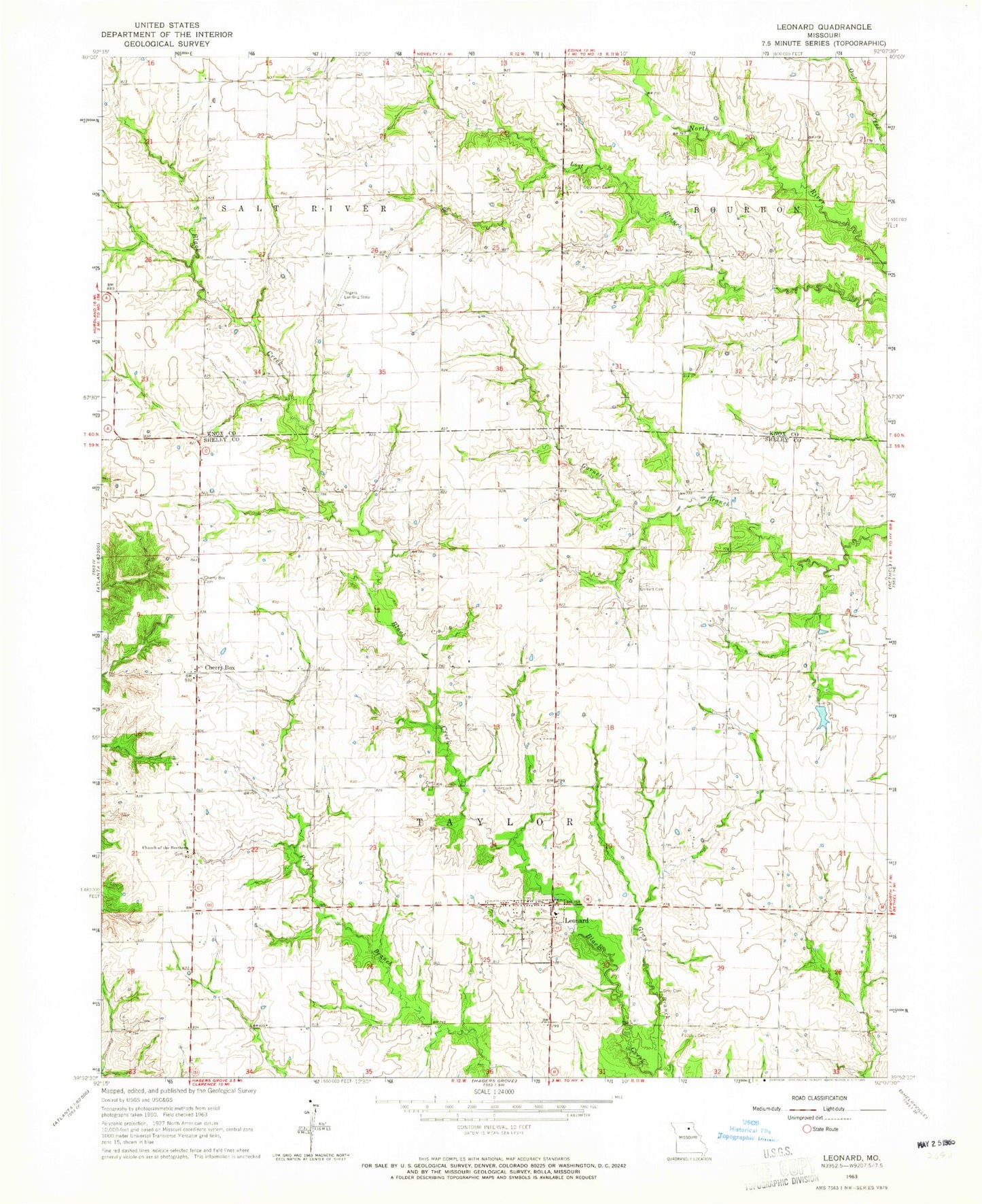 Classic USGS Leonard Missouri 7.5'x7.5' Topo Map Image