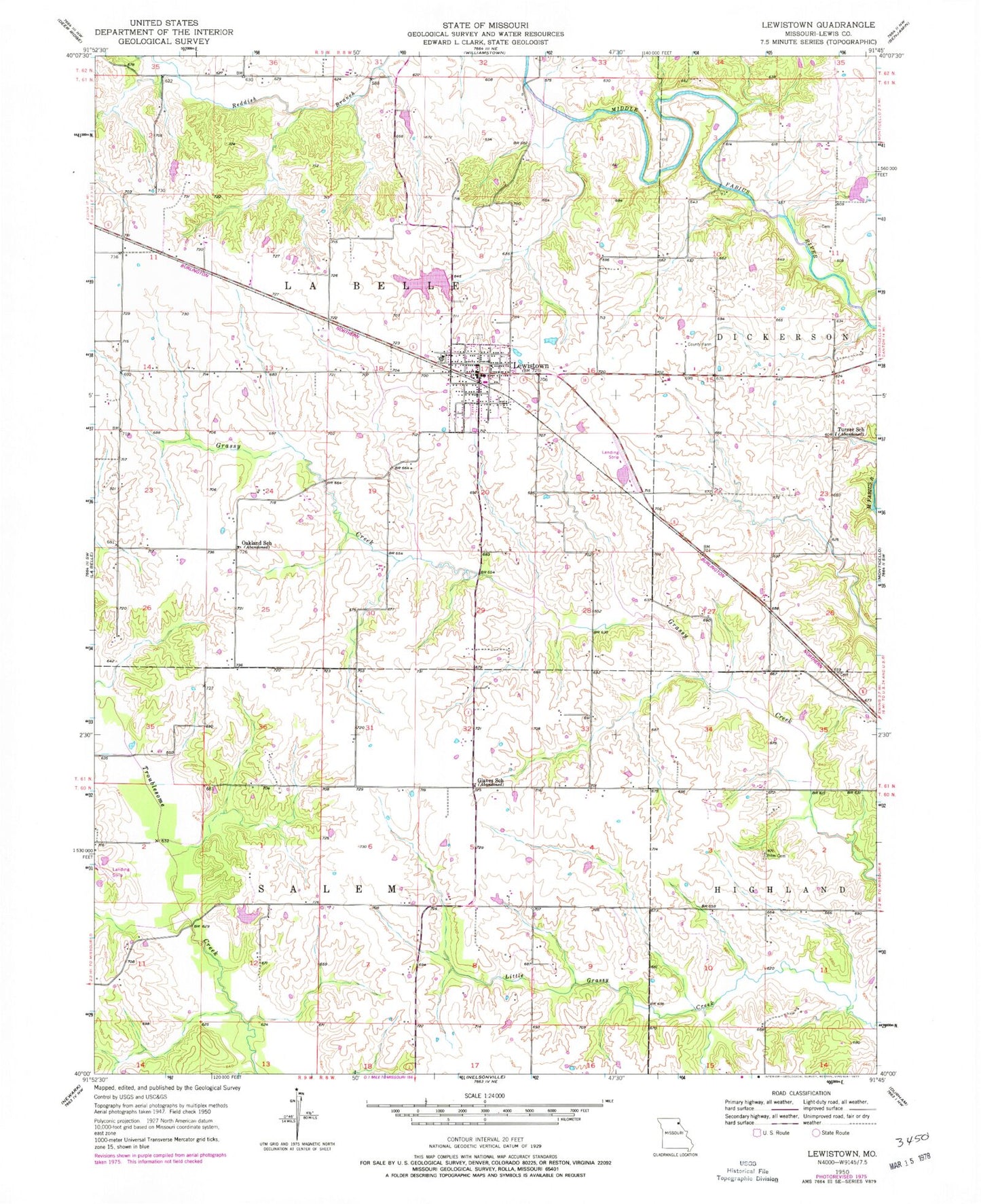 Classic USGS Lewistown Missouri 7.5'x7.5' Topo Map Image