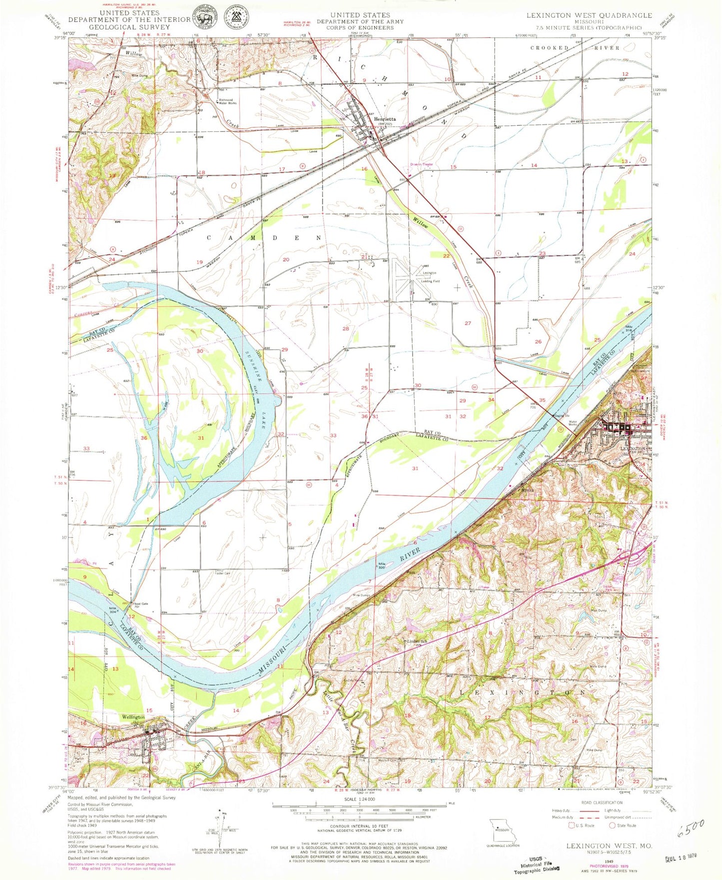 Classic USGS Lexington West Missouri 7.5'x7.5' Topo Map Image