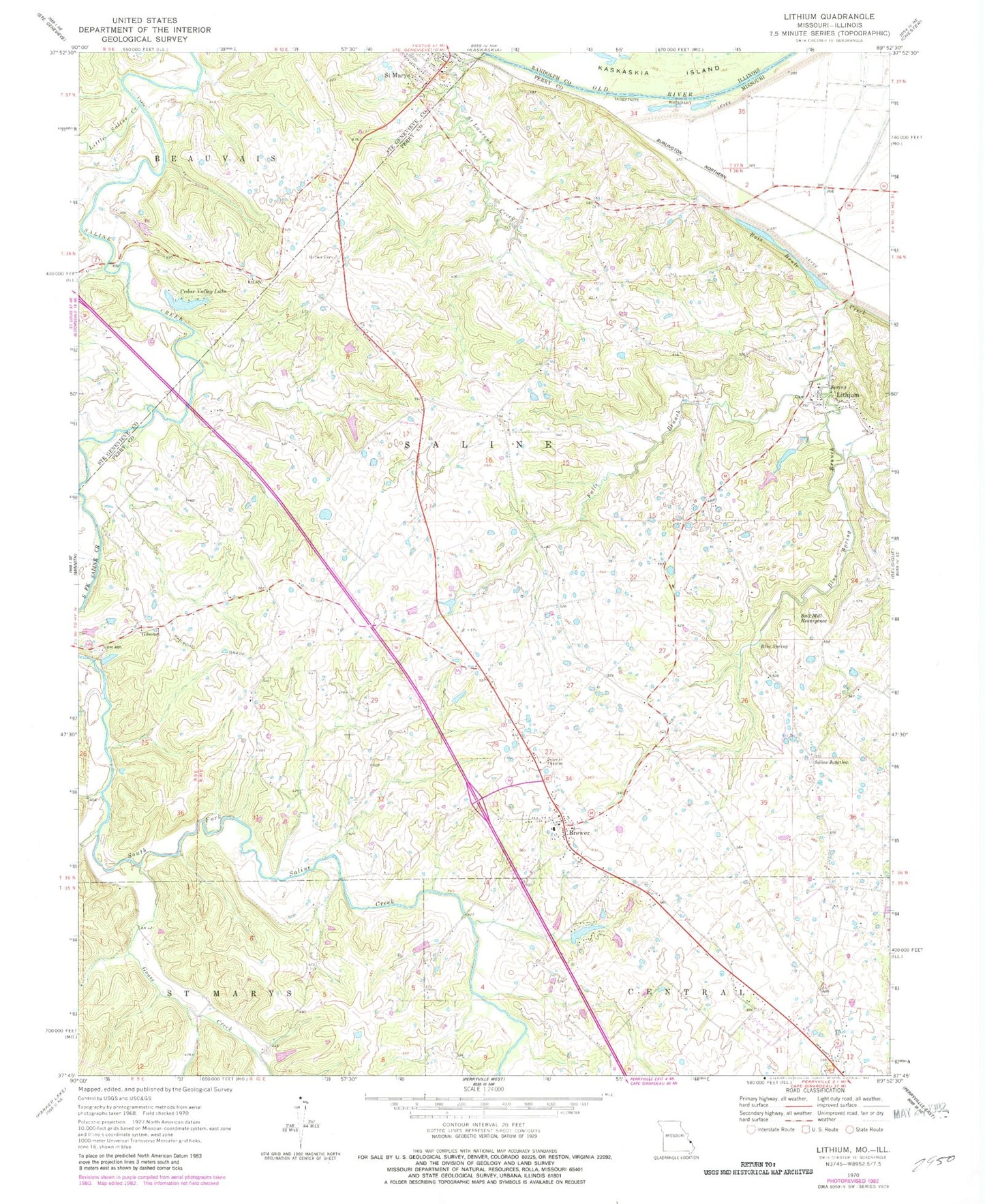 Classic USGS Lithium Missouri 7.5'x7.5' Topo Map Image