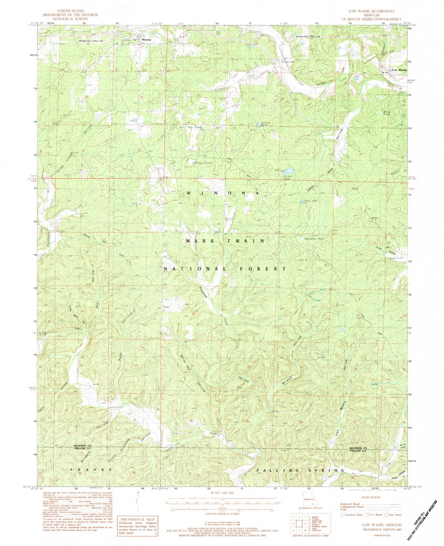 Classic USGS Low Wassie Missouri 7.5'x7.5' Topo Map Image