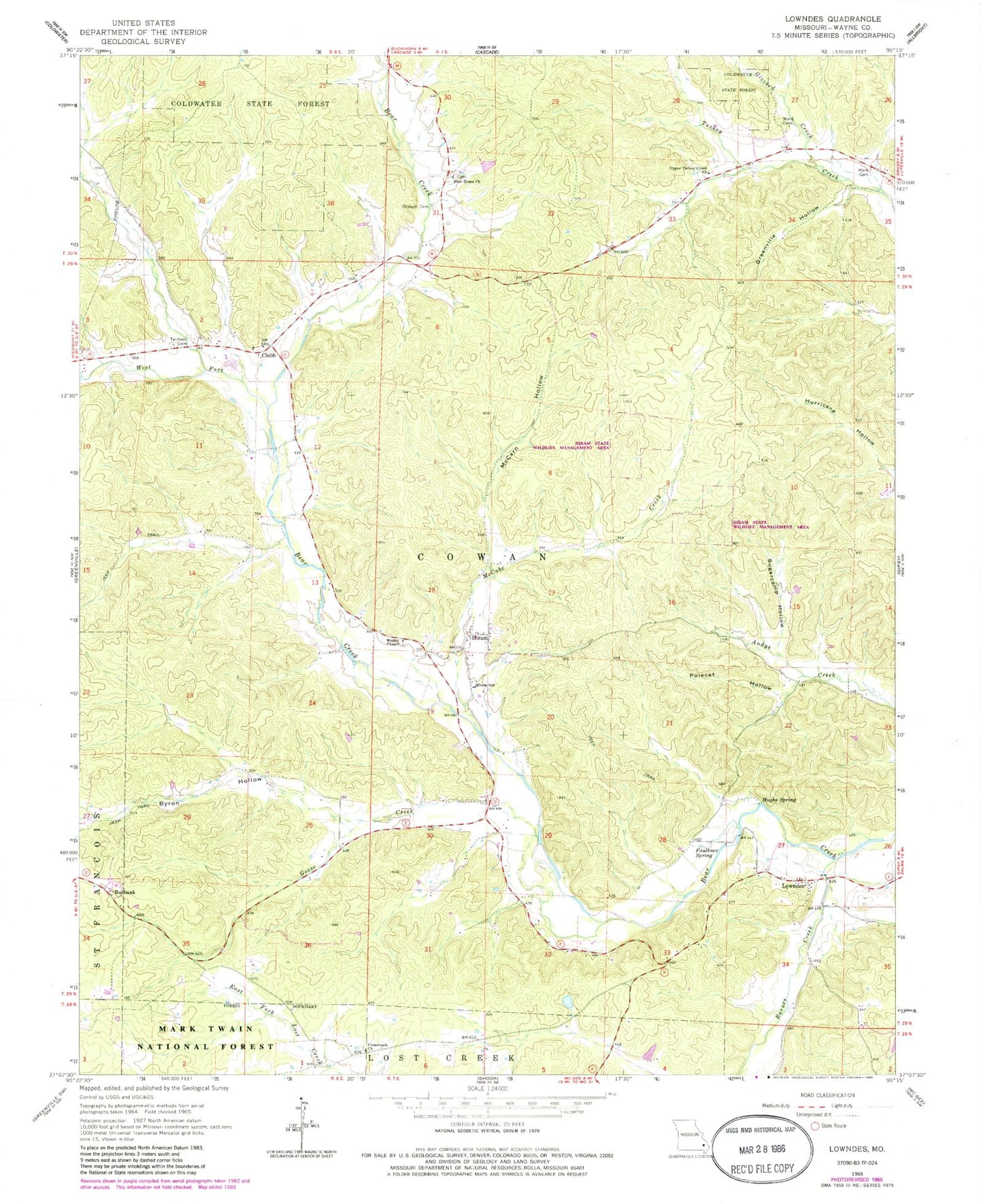Classic USGS Lowndes Missouri 7.5'x7.5' Topo Map Image