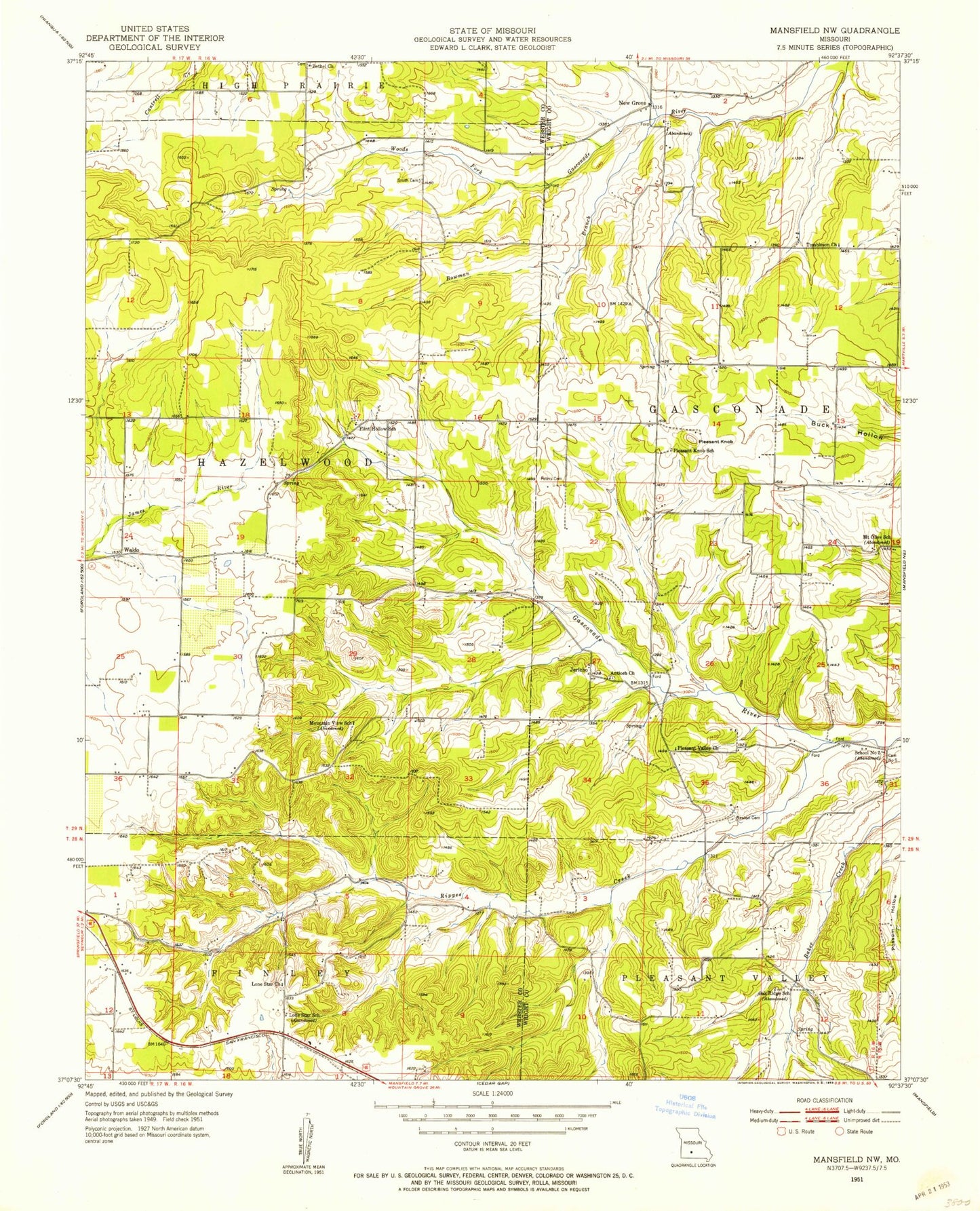 Classic USGS Mansfield NW Missouri 7.5'x7.5' Topo Map Image